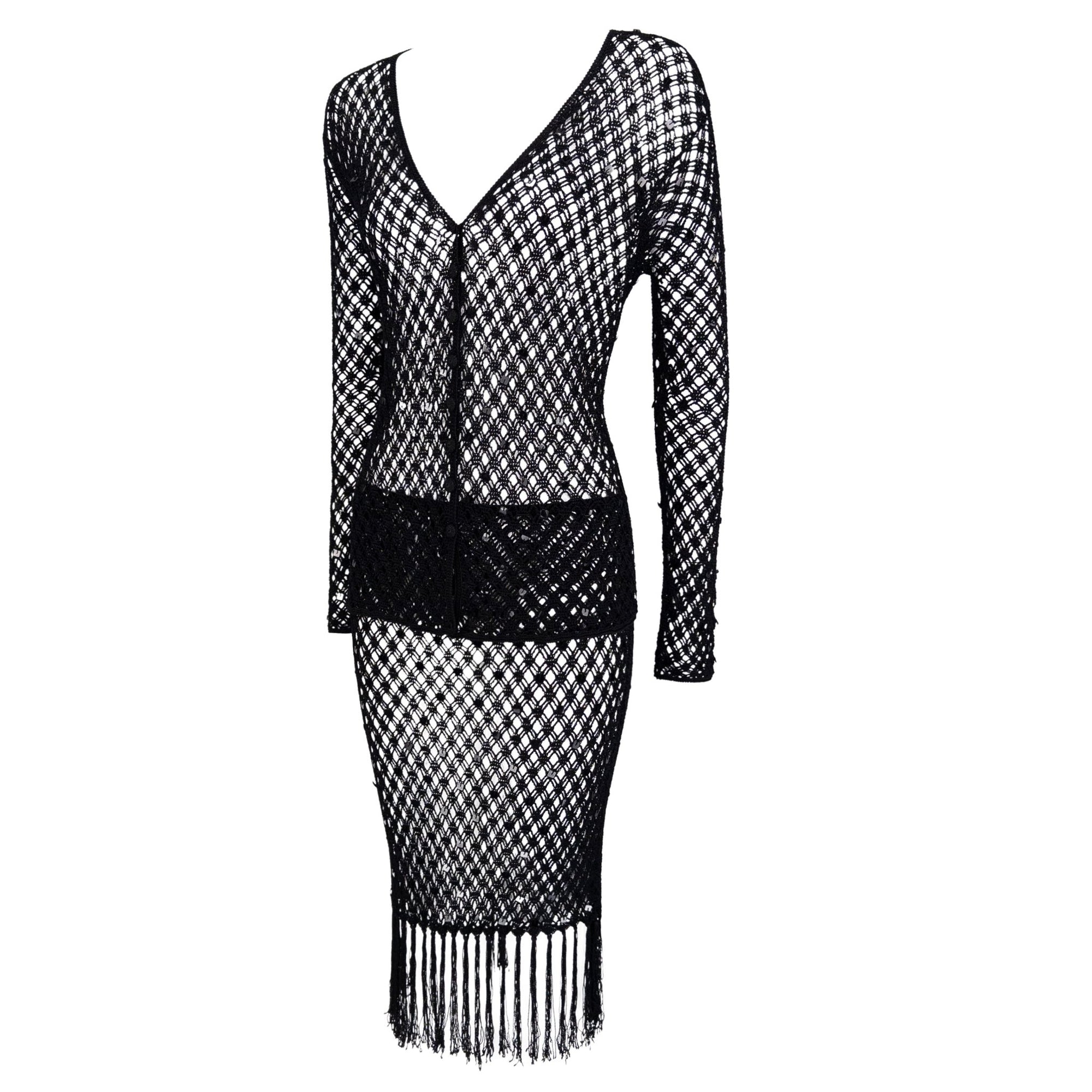 1990s Fendi by Karl Lagerfeld Sheer Black Knit Sequin Cardigan Skirt Set - RealList