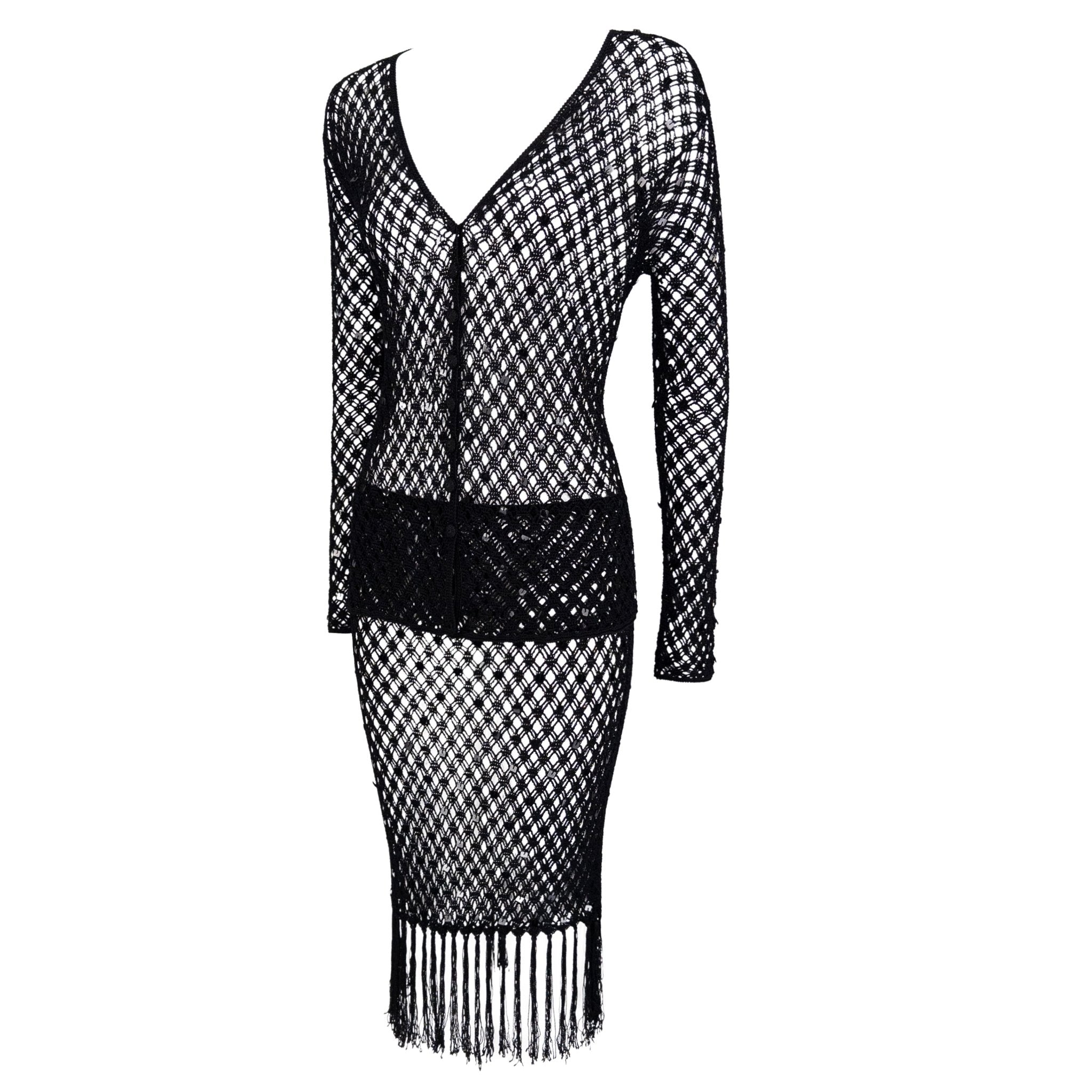 1990s Fendi by Karl Lagerfeld Sheer Black Knit Sequin Cardigan Skirt Set - RealList