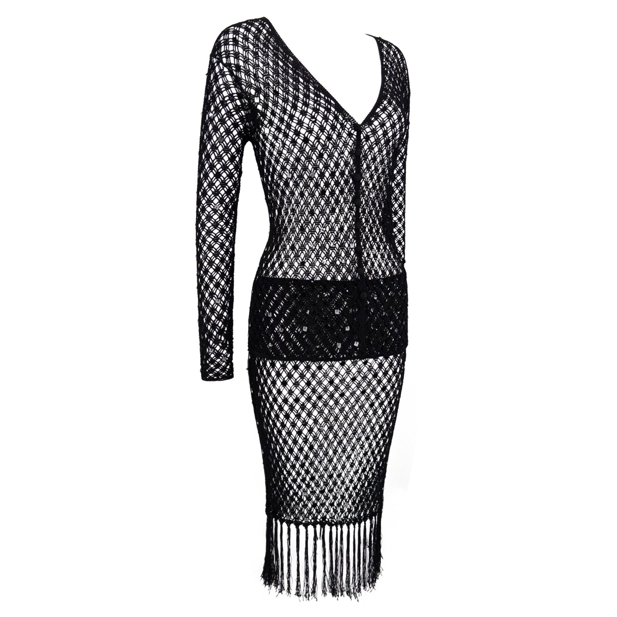 1990s Fendi by Karl Lagerfeld Sheer Black Knit Sequin Cardigan Skirt Set - RealList