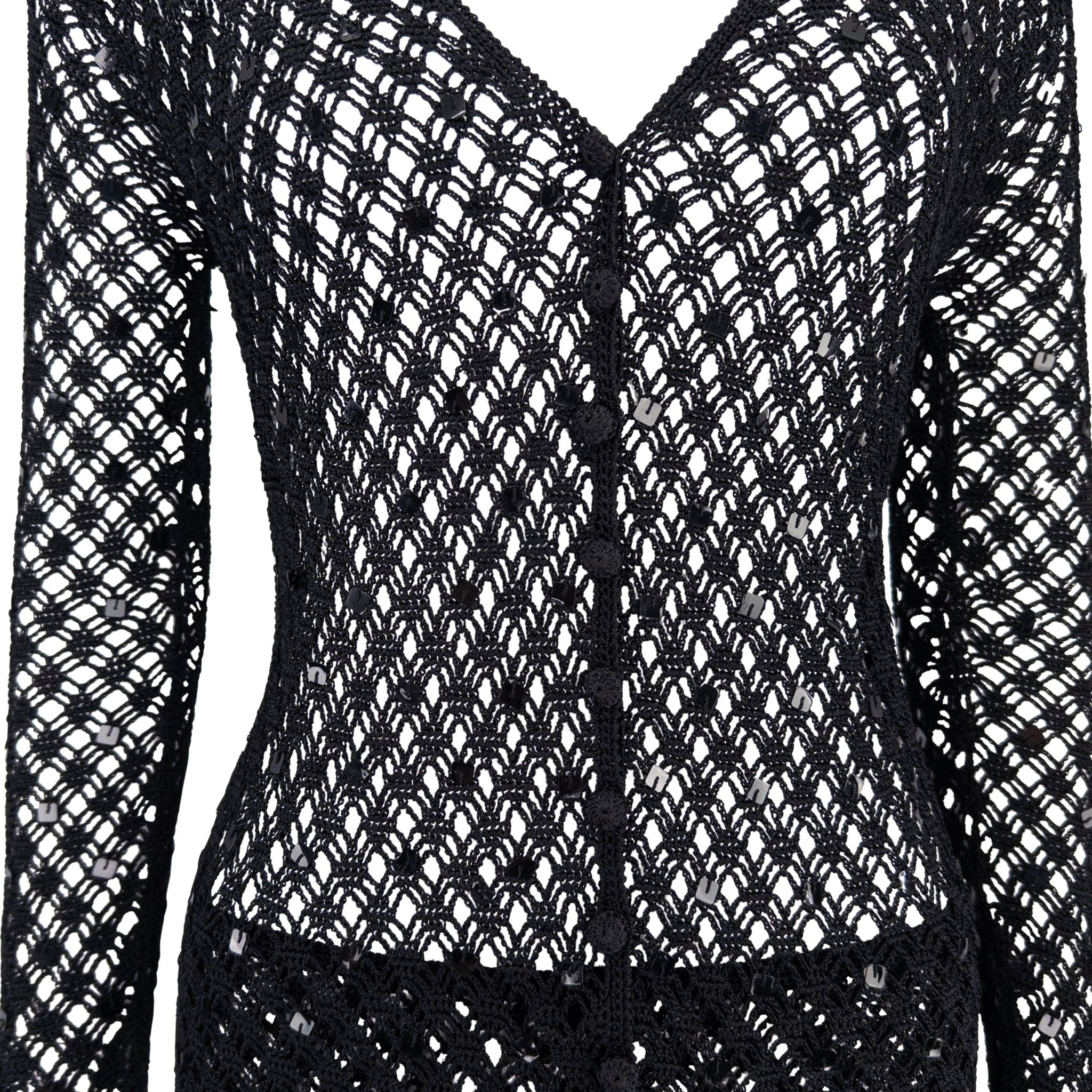 1990s Fendi by Karl Lagerfeld Sheer Black Knit Sequin Cardigan Skirt Set - RealList