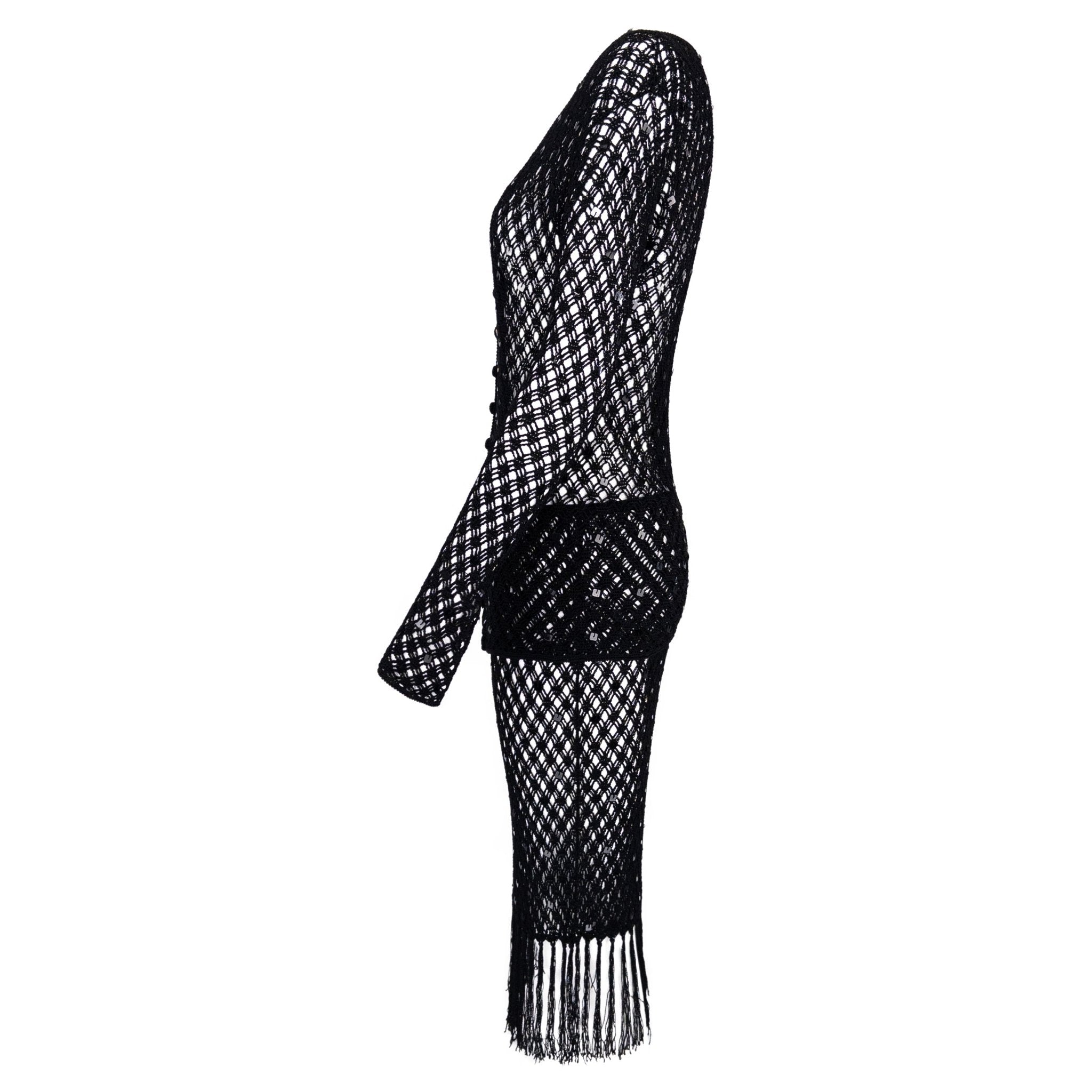 1990s Fendi by Karl Lagerfeld Sheer Black Knit Sequin Cardigan Skirt Set - RealList