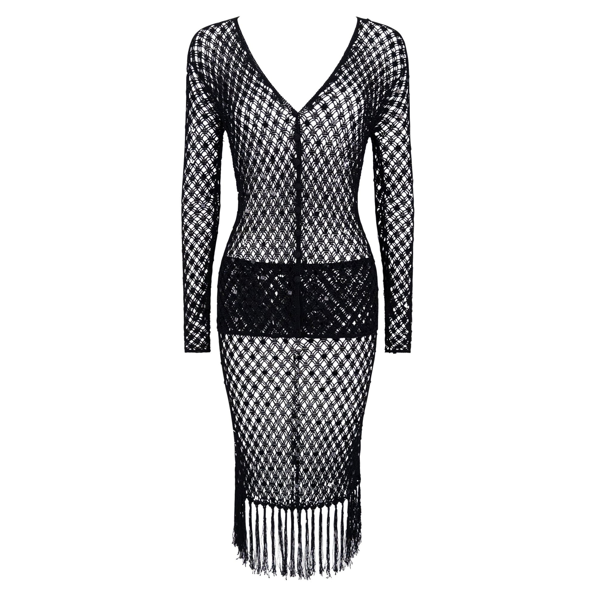 1990s Fendi by Karl Lagerfeld Sheer Black Knit Sequin Cardigan Skirt Set - RealList