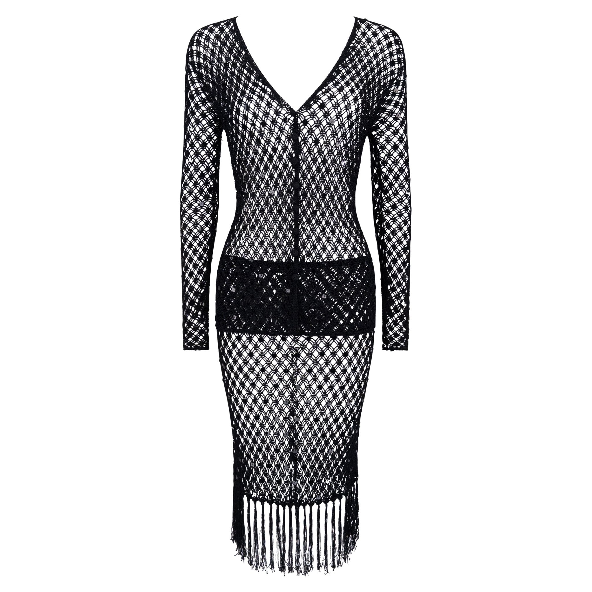 1990s Fendi by Karl Lagerfeld Sheer Black Knit Sequin Cardigan Skirt Set - RealList