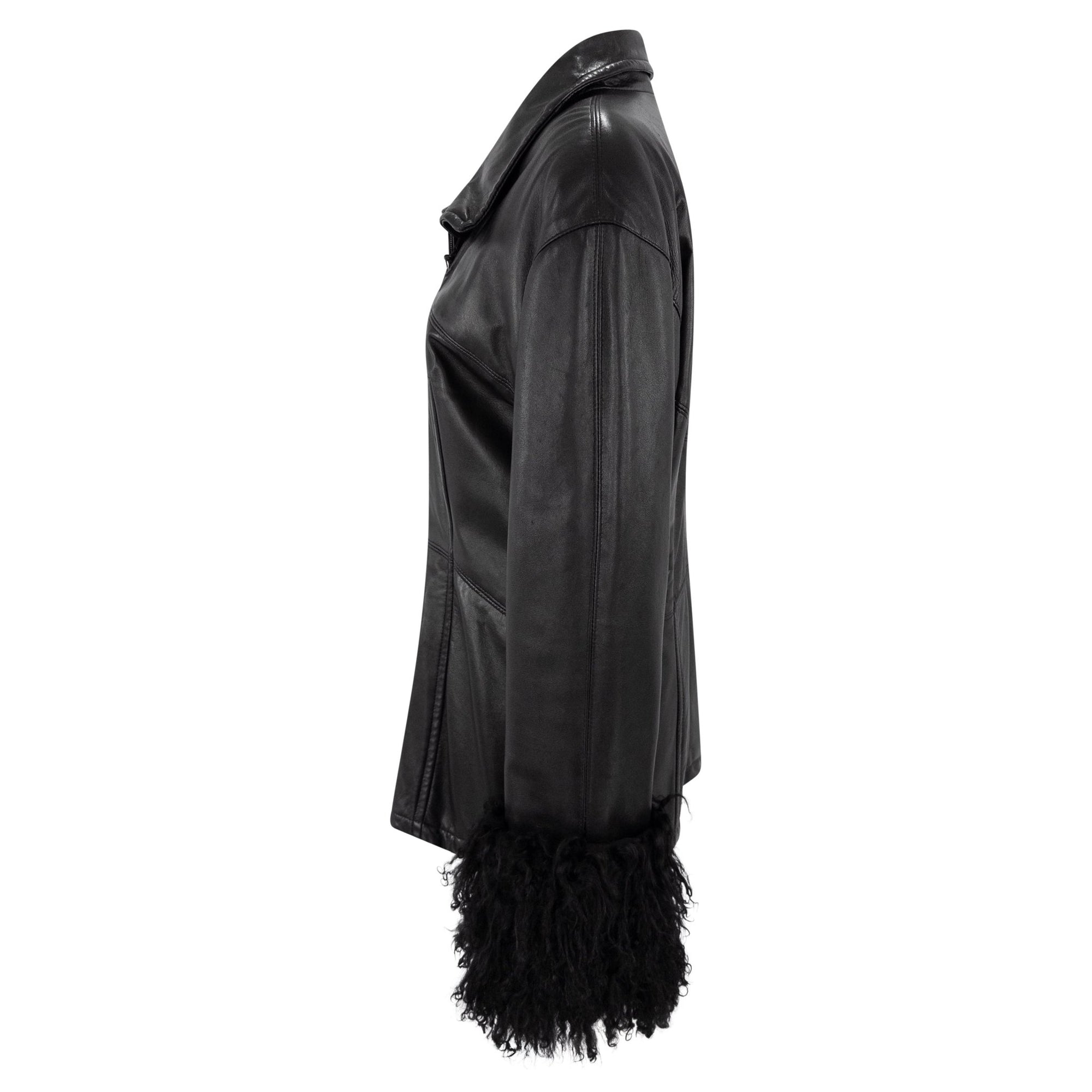 1990s Gianfranco Ferre Black Leather Mongolian Shearling Cuff Moto Jacket - RealList