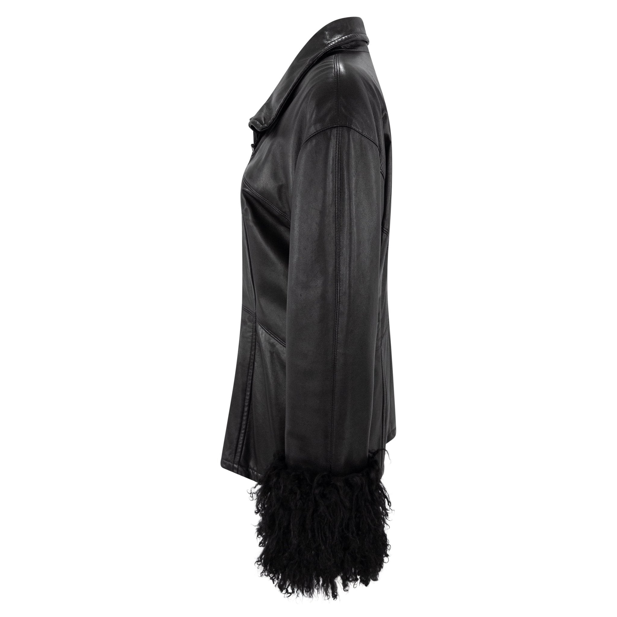 1990s Gianfranco Ferre Black Leather Mongolian Shearling Cuff Moto Jacket - RealList