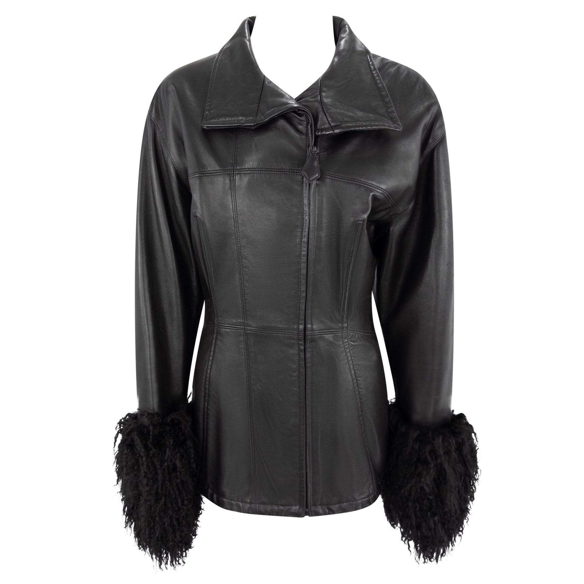 1990s Gianfranco Ferre Black Leather Mongolian Shearling Cuff Moto Jacket - RealList