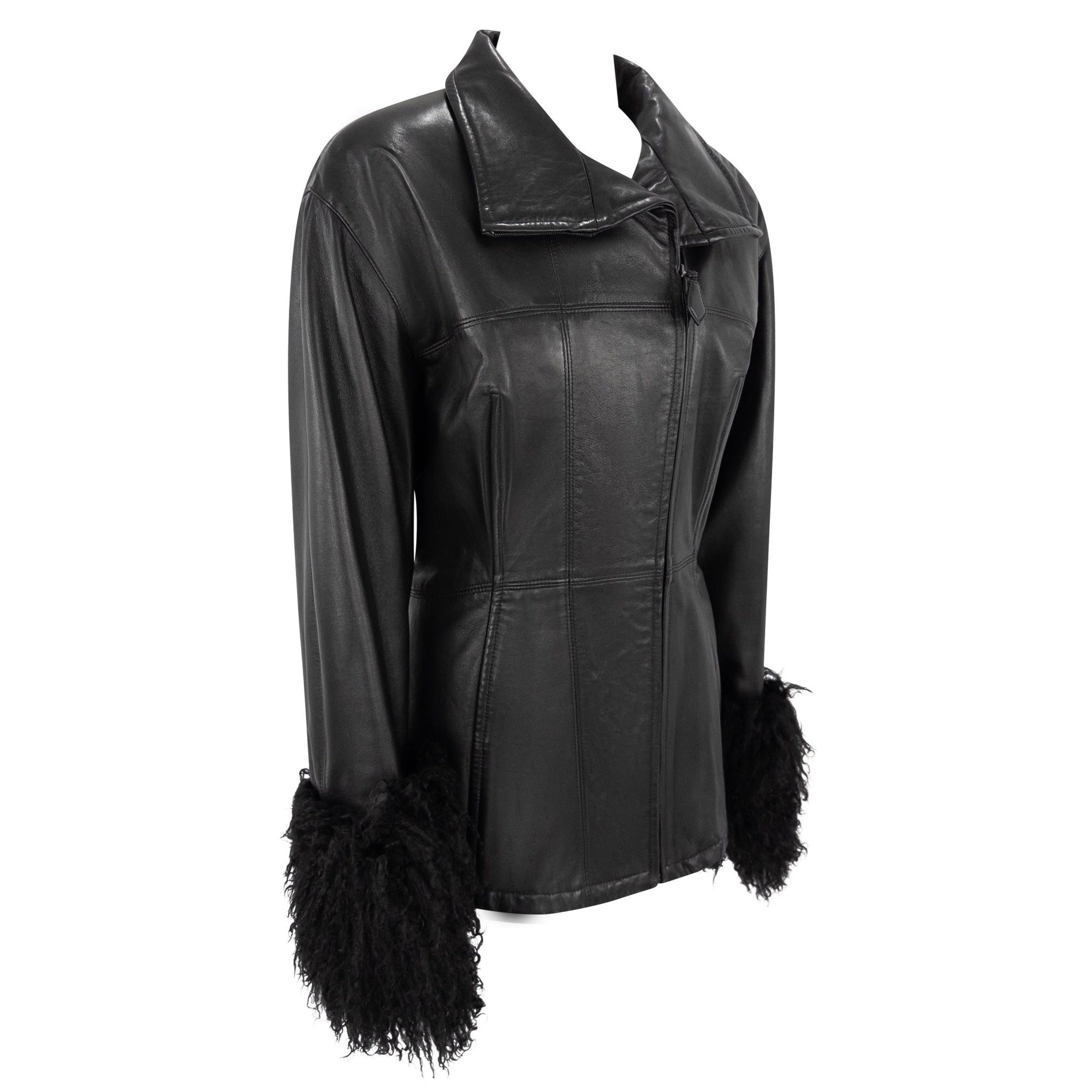 1990s Gianfranco Ferre Black Leather Mongolian Shearling Cuff Moto Jacket - RealList
