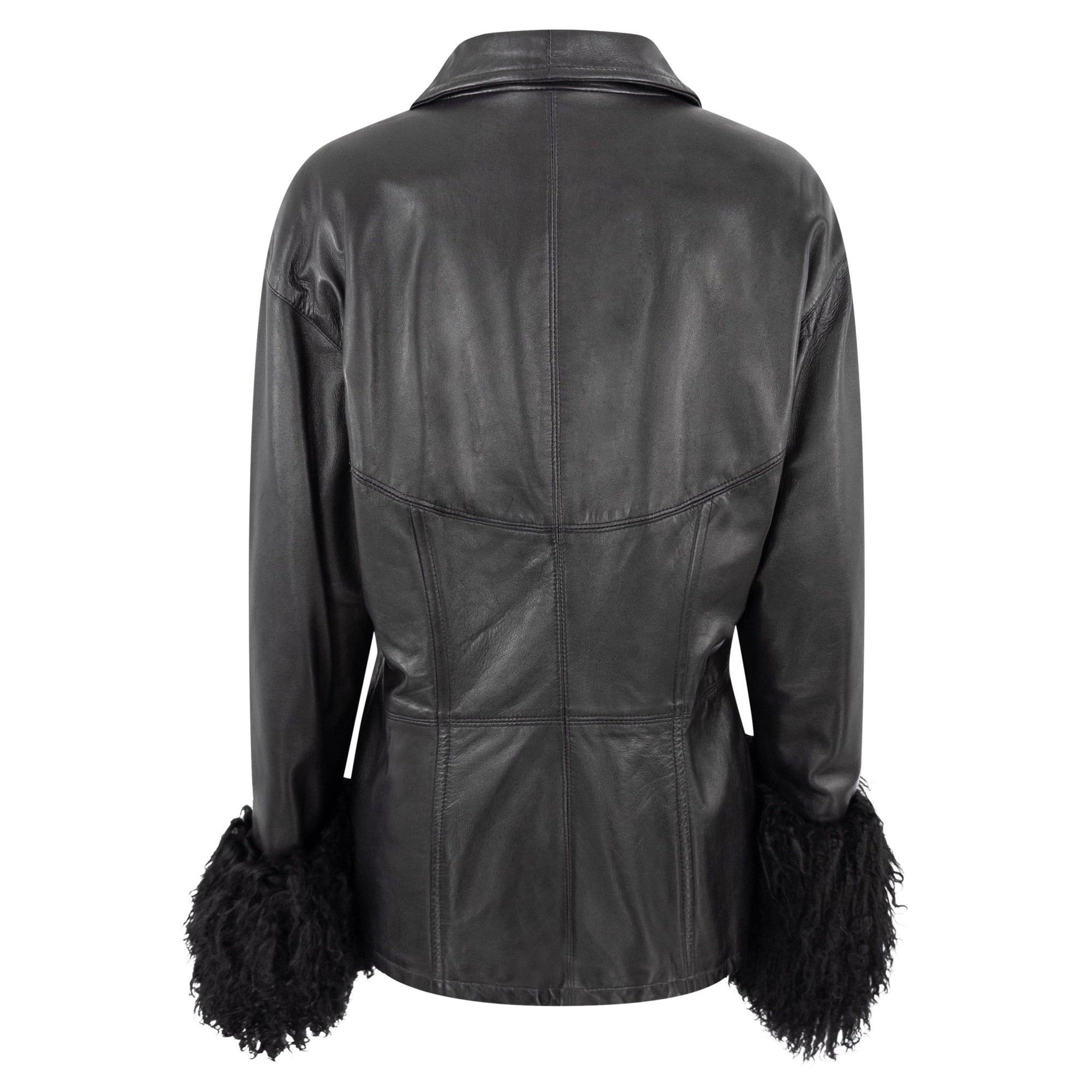 1990s Gianfranco Ferre Black Leather Mongolian Shearling Cuff Moto Jacket - RealList