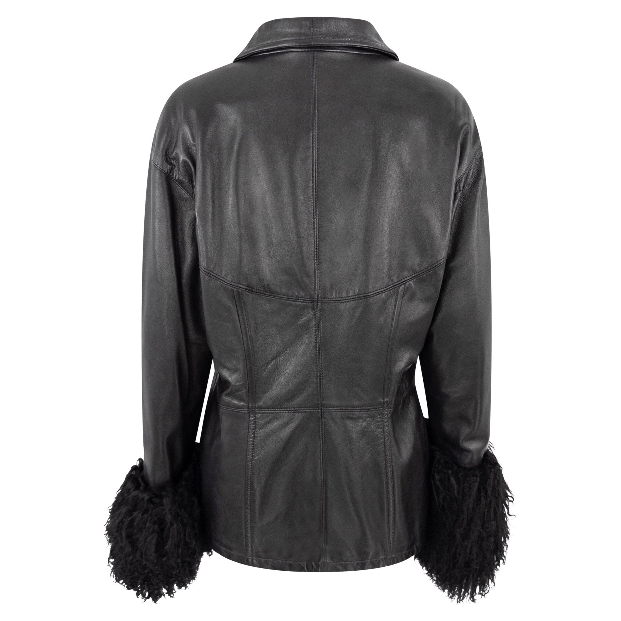 1990s Gianfranco Ferre Black Leather Mongolian Shearling Cuff Moto Jacket - RealList