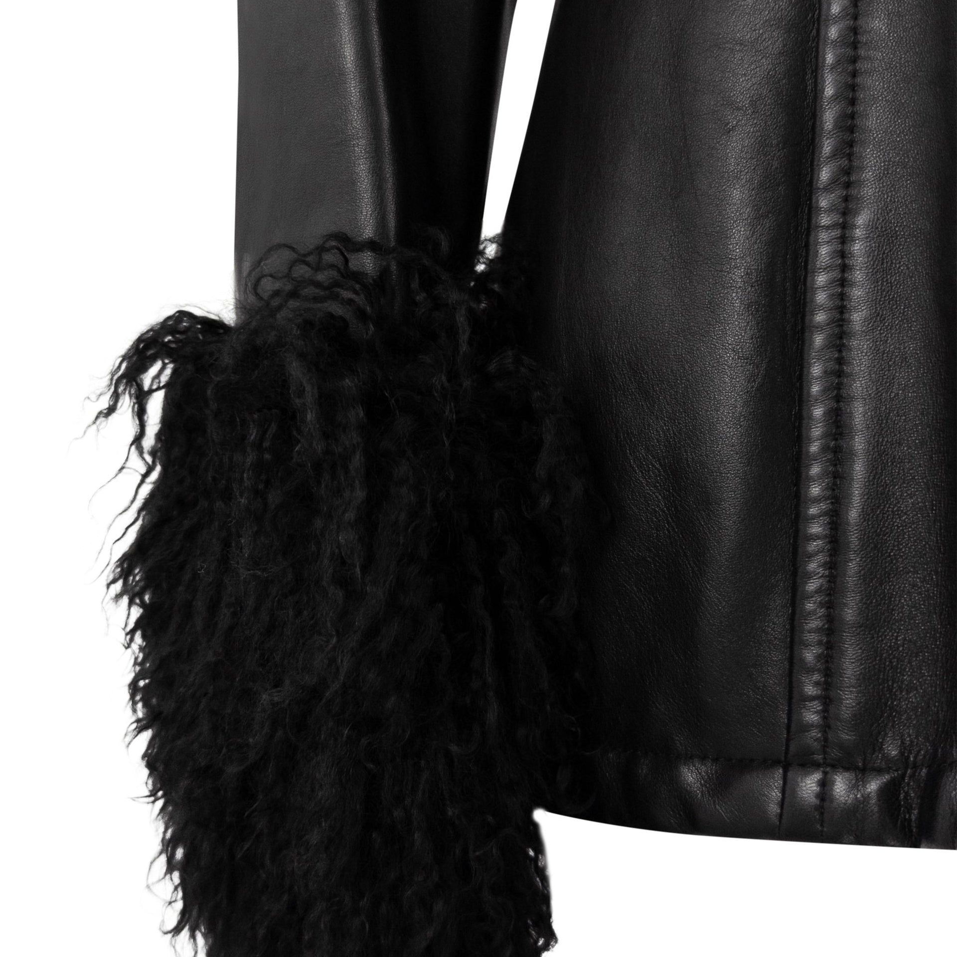 1990s Gianfranco Ferre Black Leather Mongolian Shearling Cuff Moto Jacket - RealList