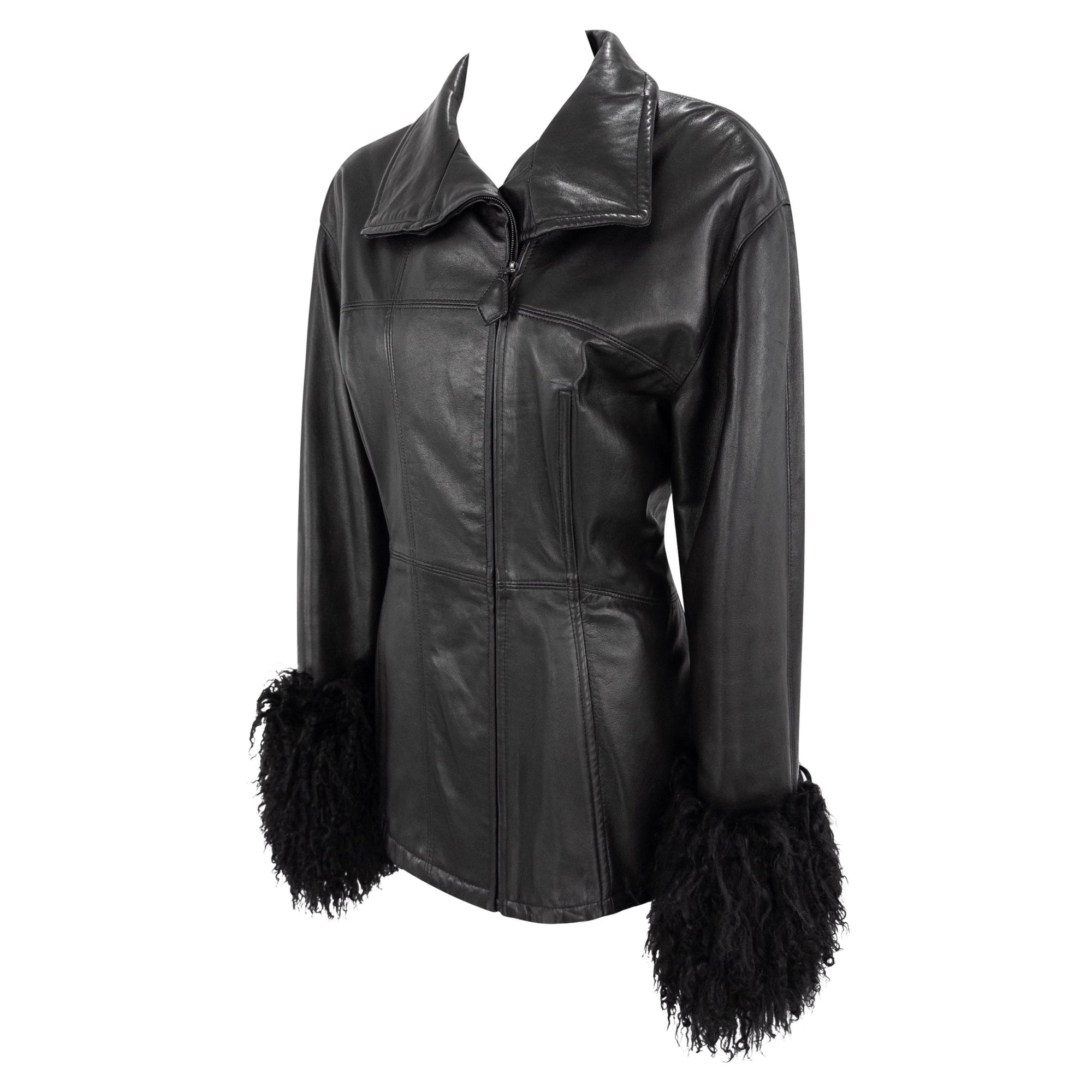 1990s Gianfranco Ferre Black Leather Mongolian Shearling Cuff Moto Jacket - RealList
