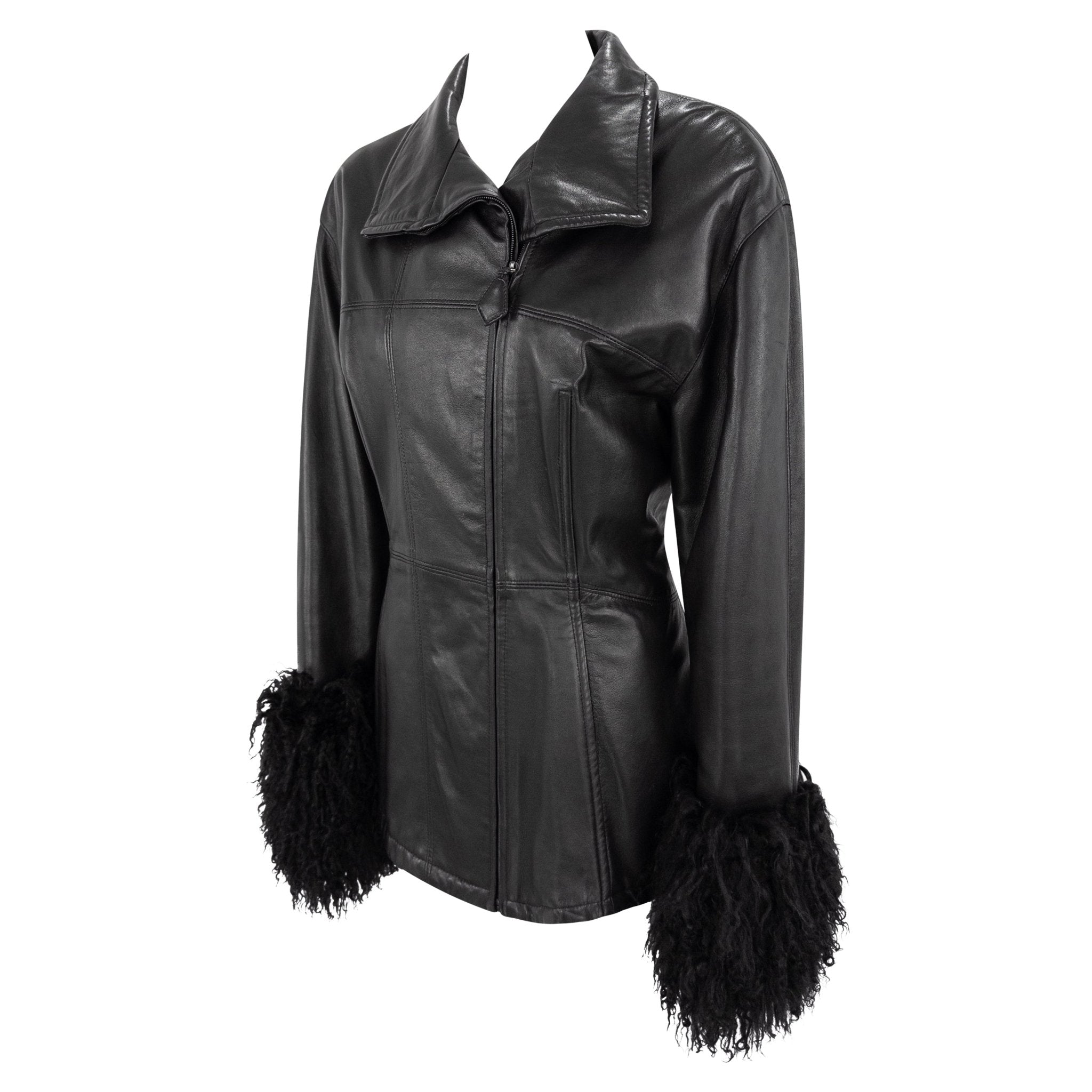 1990s Gianfranco Ferre Black Leather Mongolian Shearling Cuff Moto Jacket - RealList