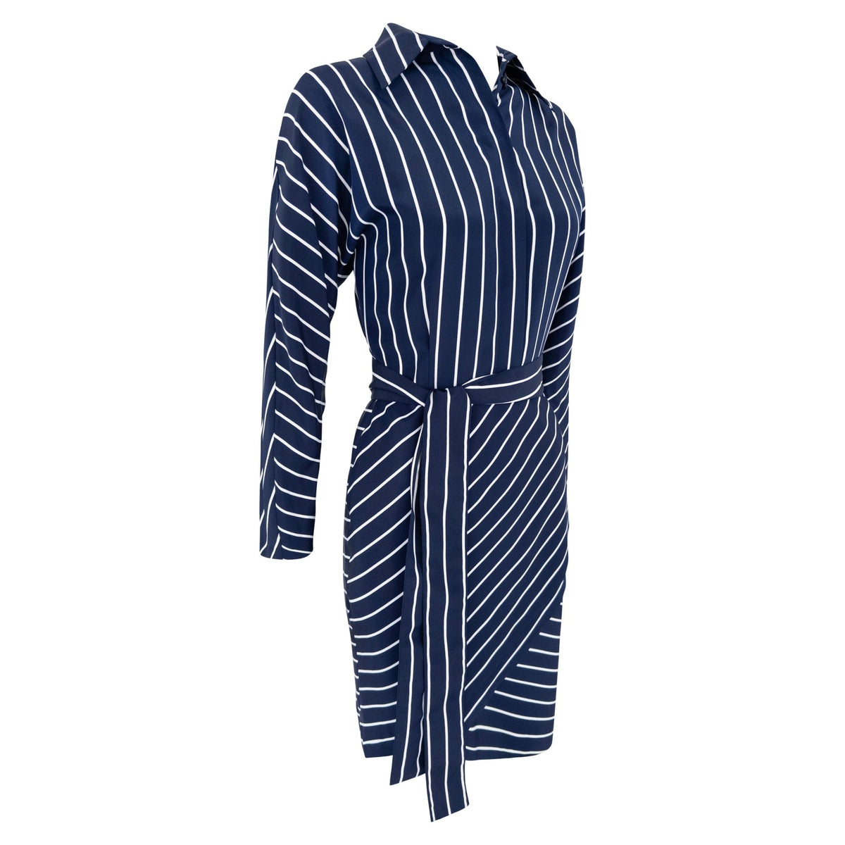 1990s Gianfranco Ferré Navy Blue White Stripe Asymmetric Shirt Dress - RealList