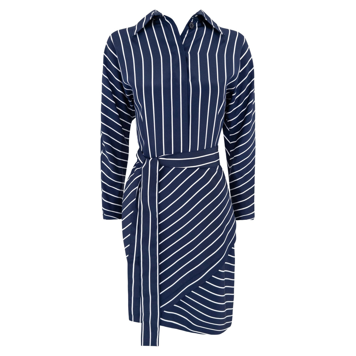 1990s Gianfranco Ferré Navy Blue White Stripe Asymmetric Shirt Dress - RealList