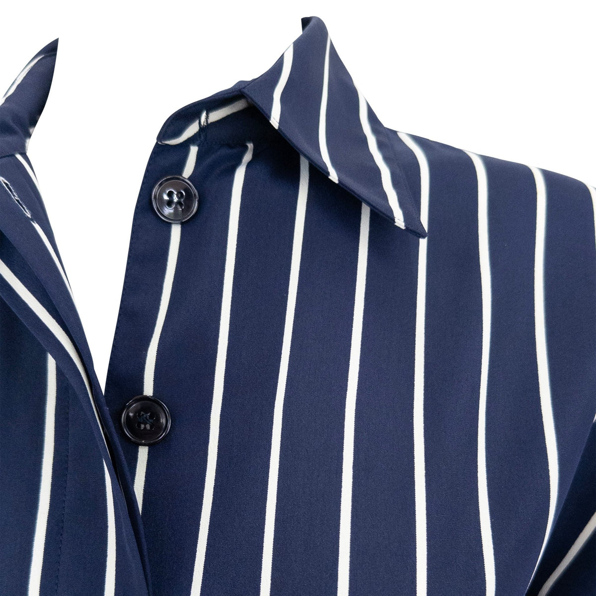 1990s Gianfranco Ferré Navy Blue White Stripe Asymmetric Shirt Dress - RealList
