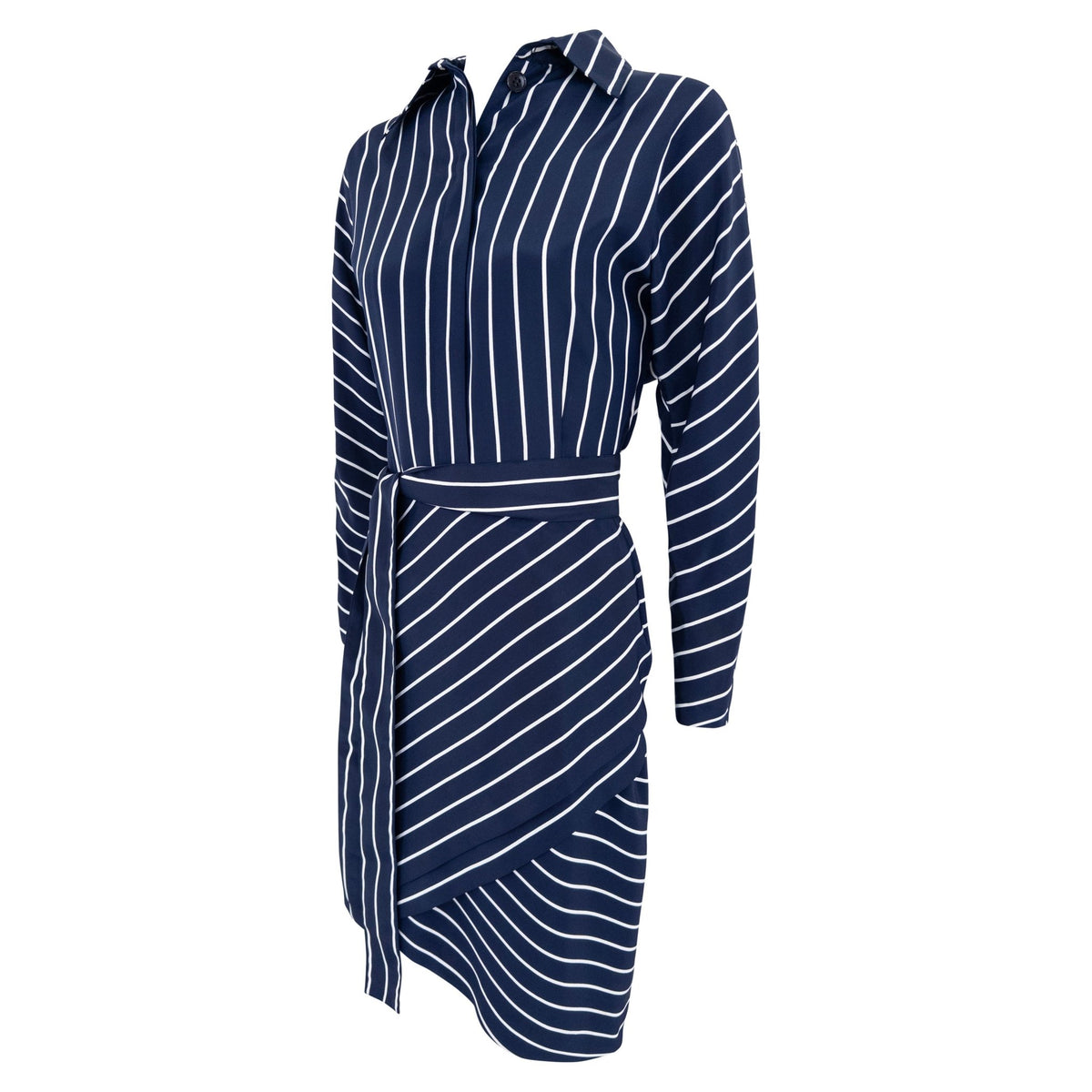 1990s Gianfranco Ferré Navy Blue White Stripe Asymmetric Shirt Dress - RealList