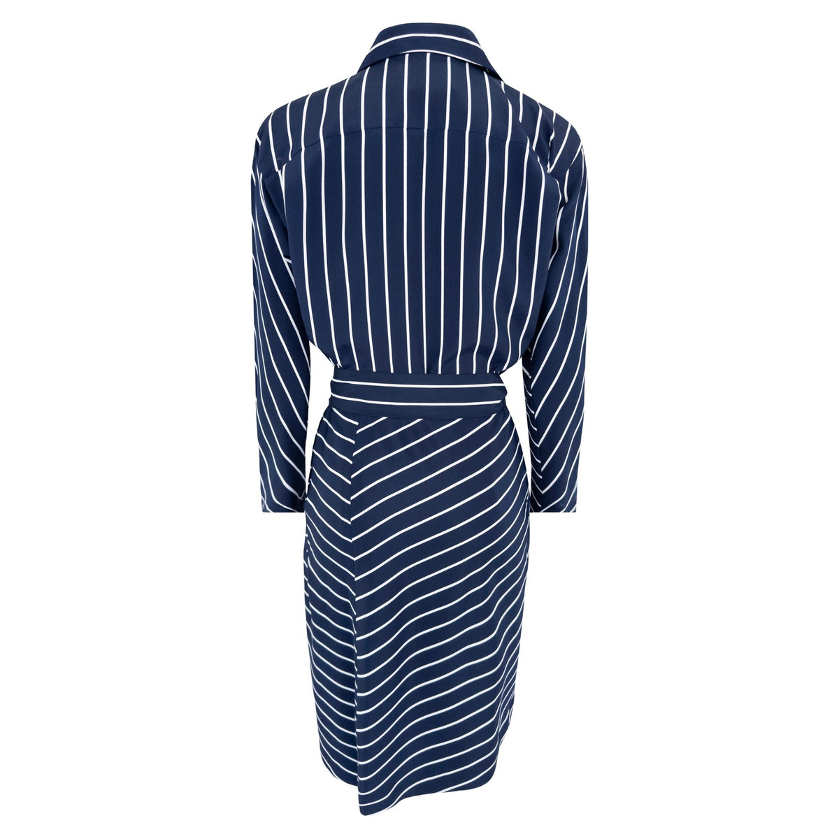1990s Gianfranco Ferré Navy Blue White Stripe Asymmetric Shirt Dress - RealList
