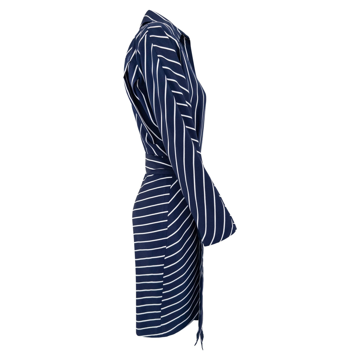 1990s Gianfranco Ferré Navy Blue White Stripe Asymmetric Shirt Dress - RealList