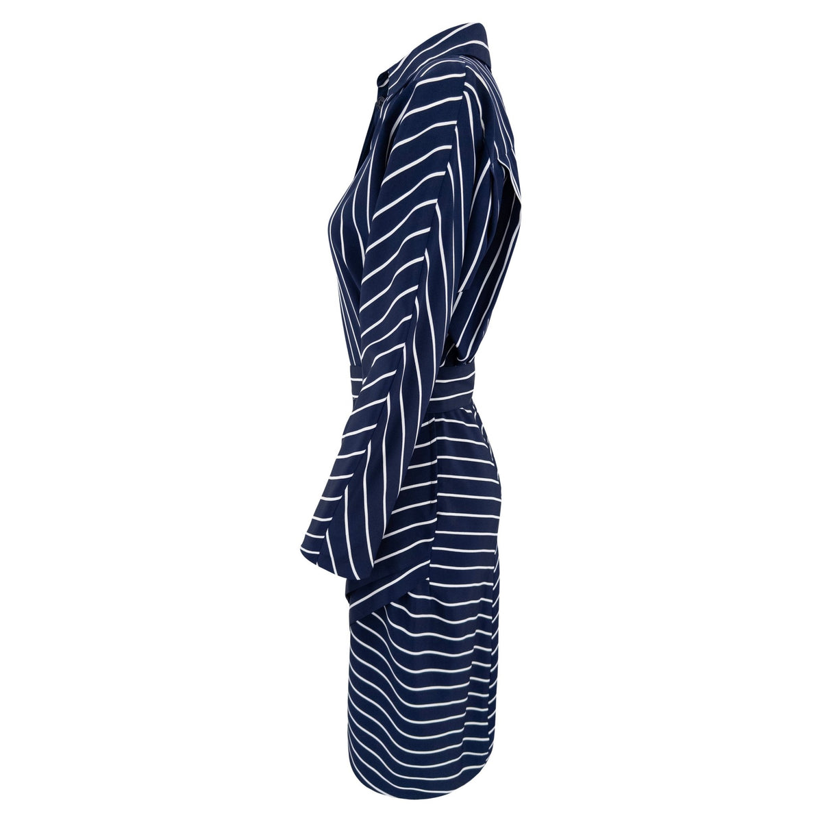1990s Gianfranco Ferré Navy Blue White Stripe Asymmetric Shirt Dress - RealList