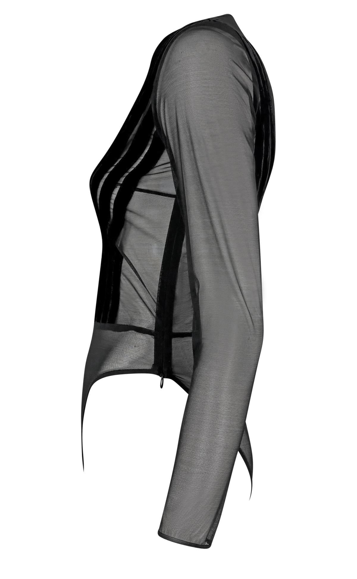 1990s Gianfranco Ferré Sheer Black Velvet Accented Bodysuit Top - RealList