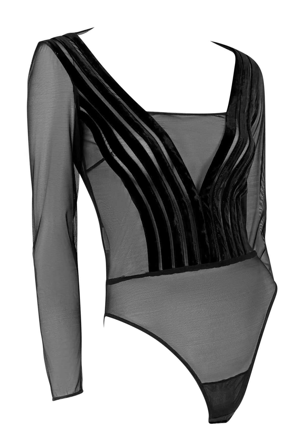 1990s Gianfranco Ferré Sheer Black Velvet Accented Bodysuit Top - RealList