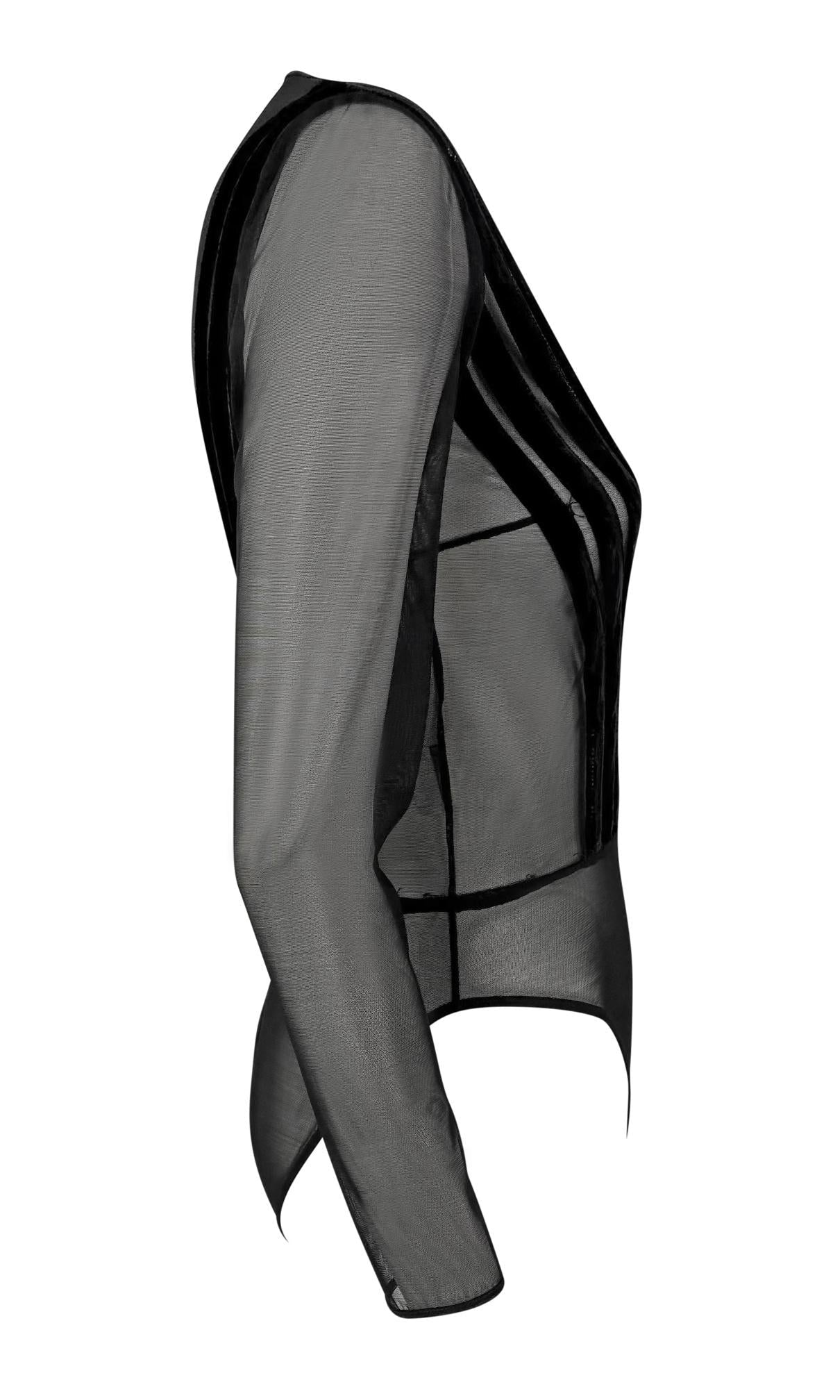 1990s Gianfranco Ferré Sheer Black Velvet Accented Bodysuit Top - RealList