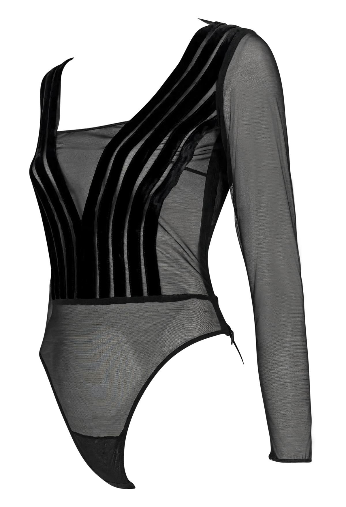 1990s Gianfranco Ferré Sheer Black Velvet Accented Bodysuit Top - RealList