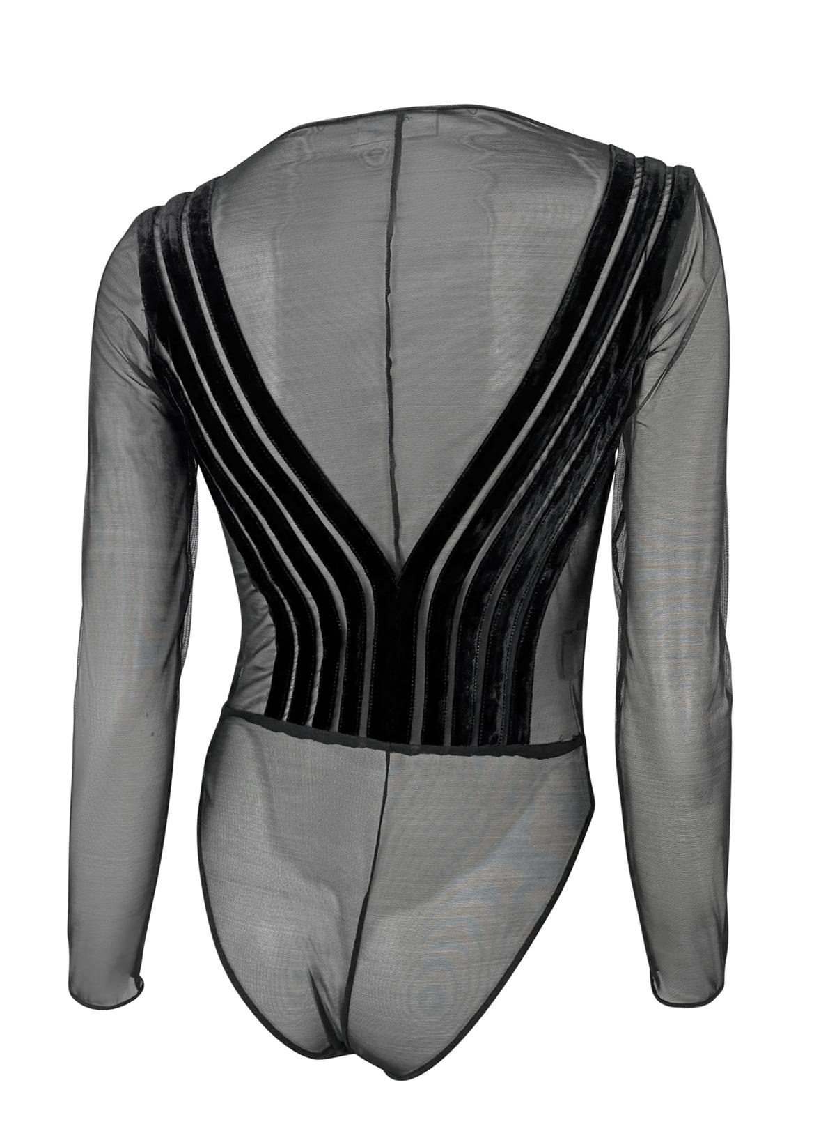 1990s Gianfranco Ferré Sheer Black Velvet Accented Bodysuit Top - RealList