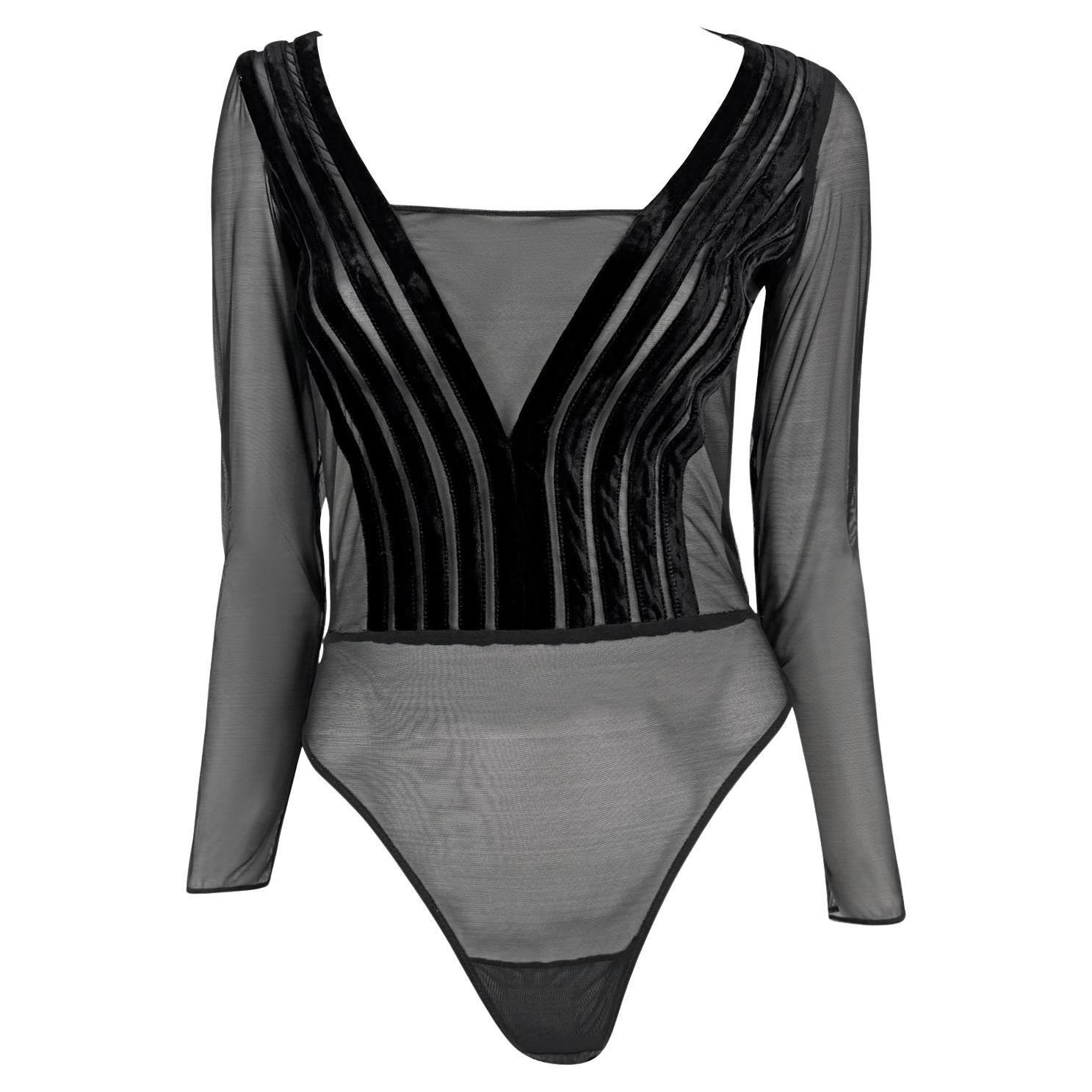 1990s Gianfranco Ferré Sheer Black Velvet Accented Bodysuit Top - RealList