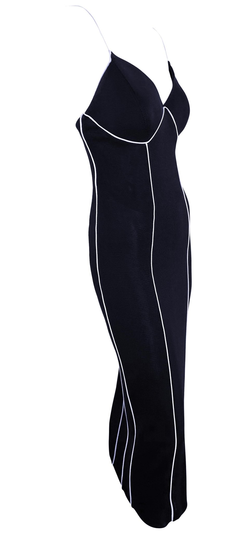 1990s Gianfranco Ferré Sheer Knit Navy Blue White Trim Backless Bodycon Dress - RealList