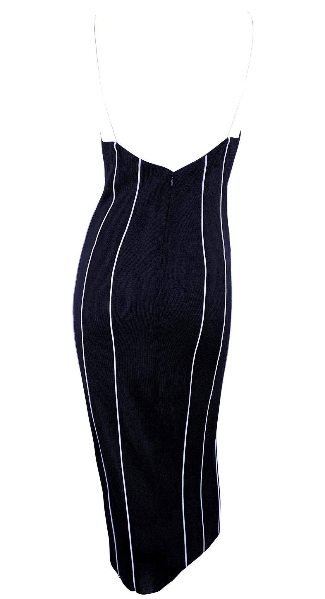 1990s Gianfranco Ferré Sheer Knit Navy Blue White Trim Backless Bodycon Dress - RealList
