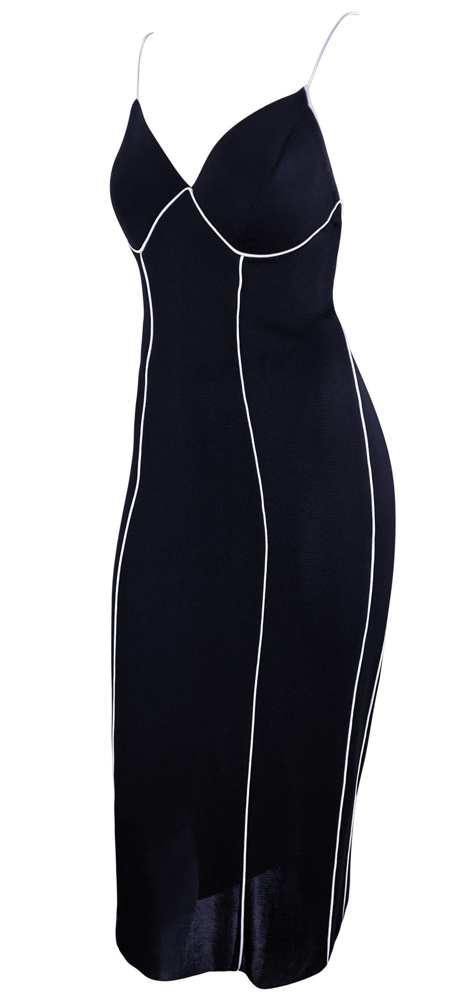 1990s Gianfranco Ferré Sheer Knit Navy Blue White Trim Backless Bodycon Dress - RealList
