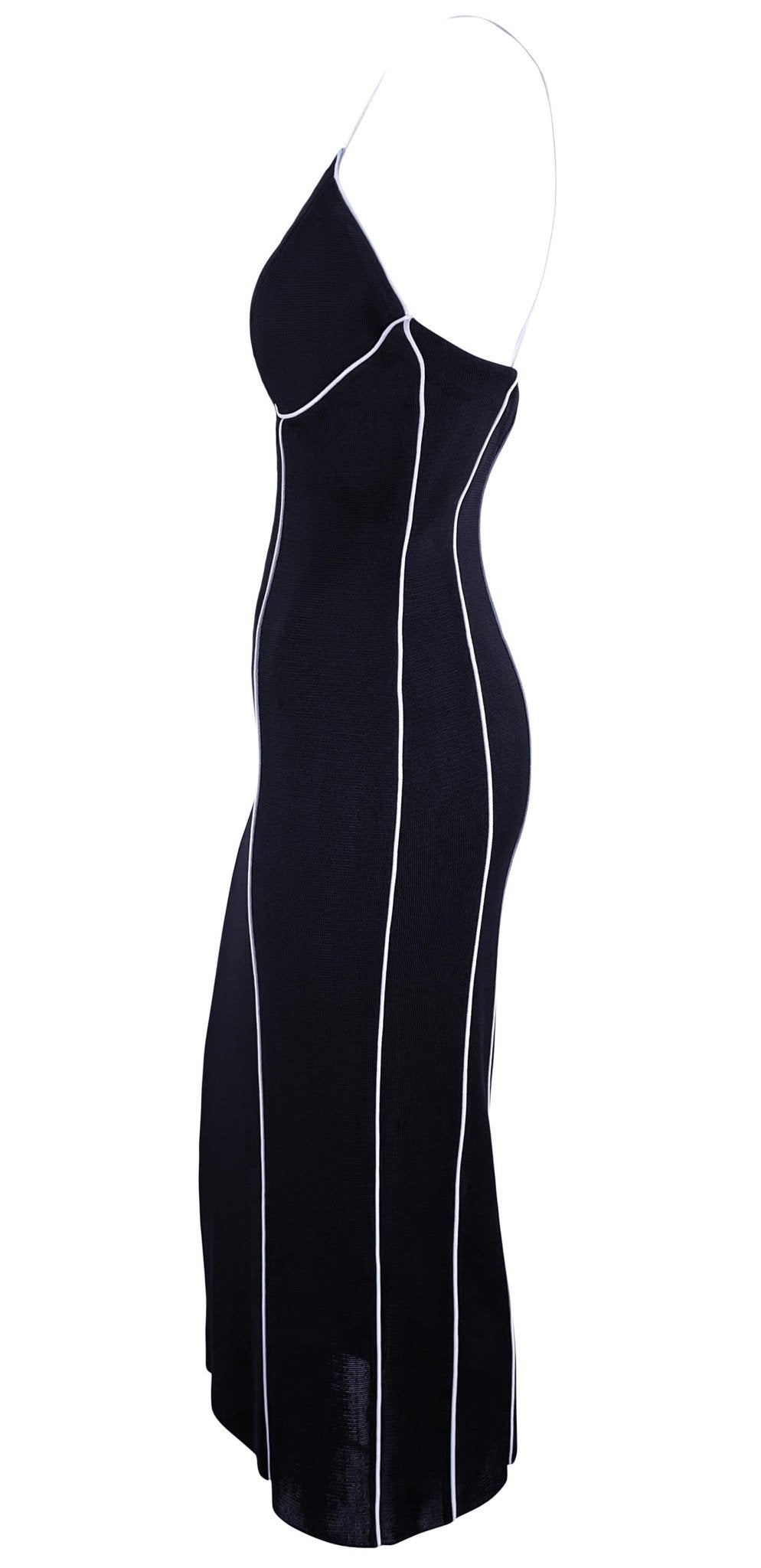 1990s Gianfranco Ferré Sheer Knit Navy Blue White Trim Backless Bodycon Dress - RealList