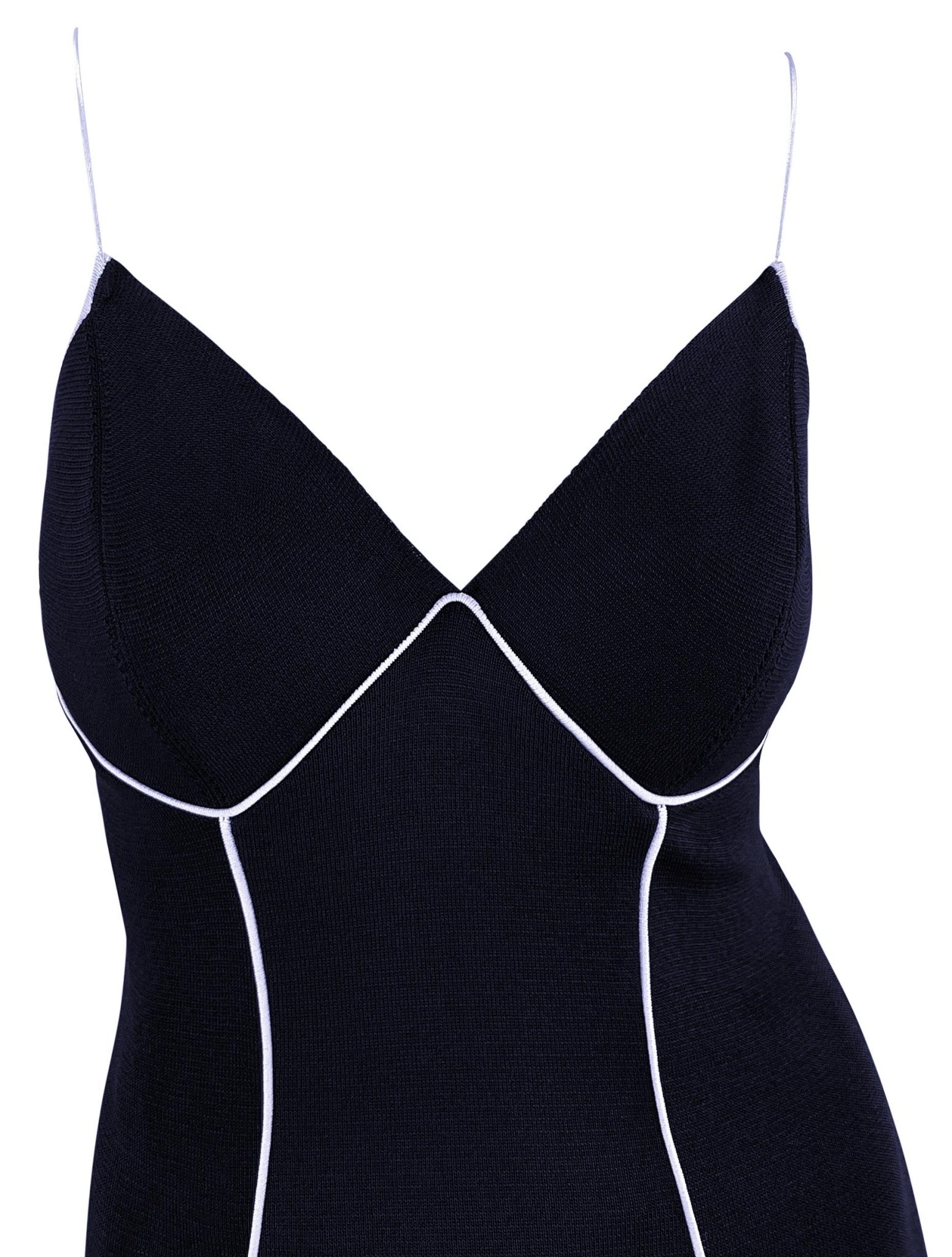 1990s Gianfranco Ferré Sheer Knit Navy Blue White Trim Backless Bodycon Dress - RealList
