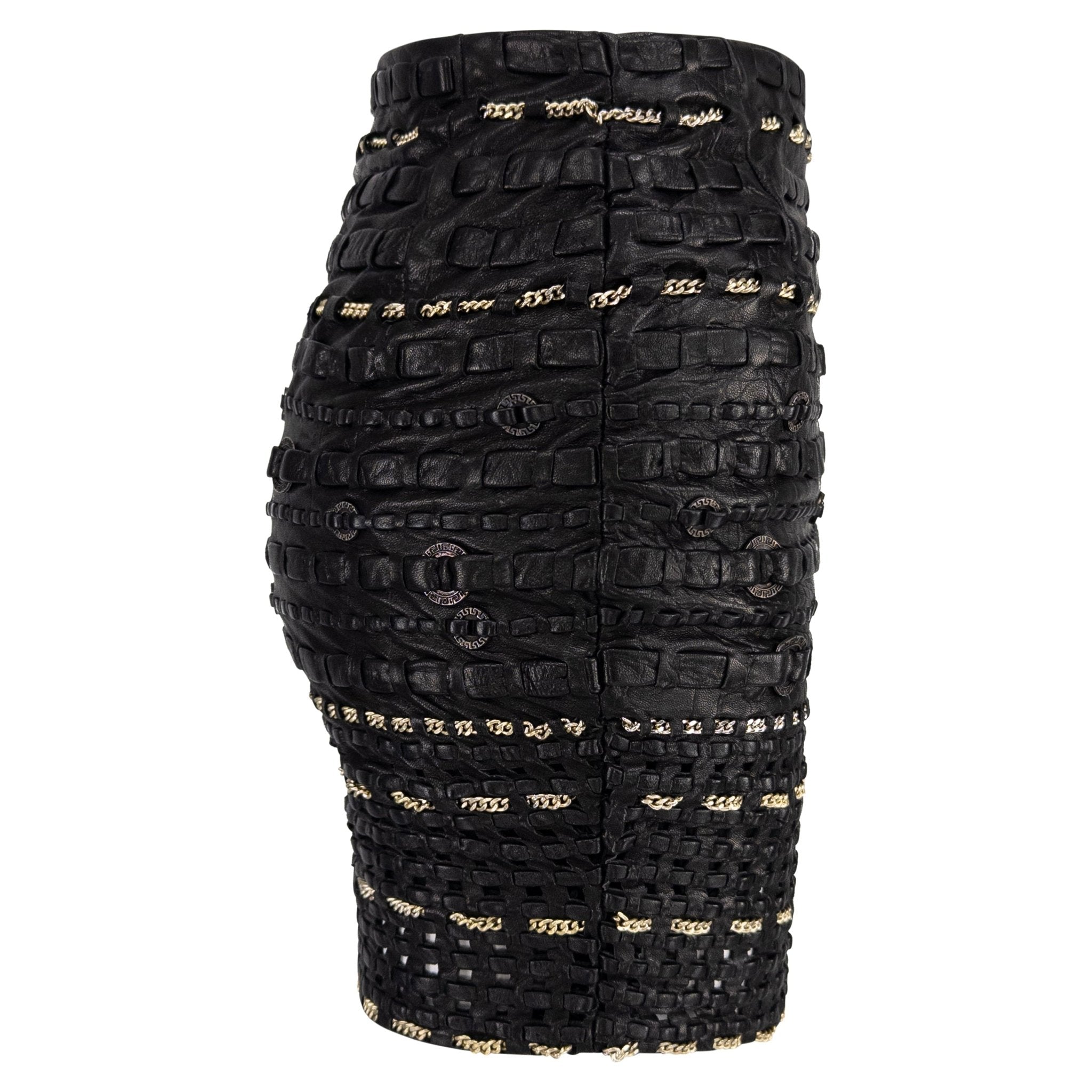 1990s Gianni Versace Black Braided Leather Chain Accent Mini Skirt - RealList