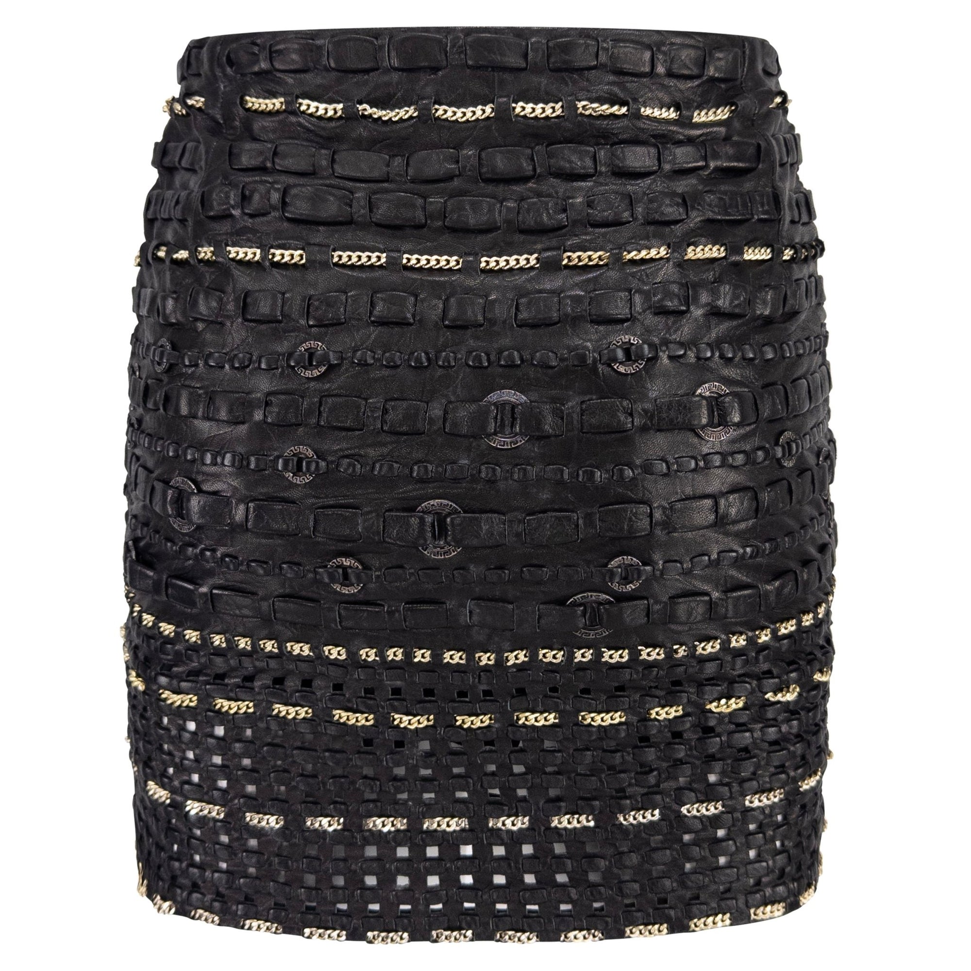 1990s Gianni Versace Black Braided Leather Chain Accent Mini Skirt - RealList