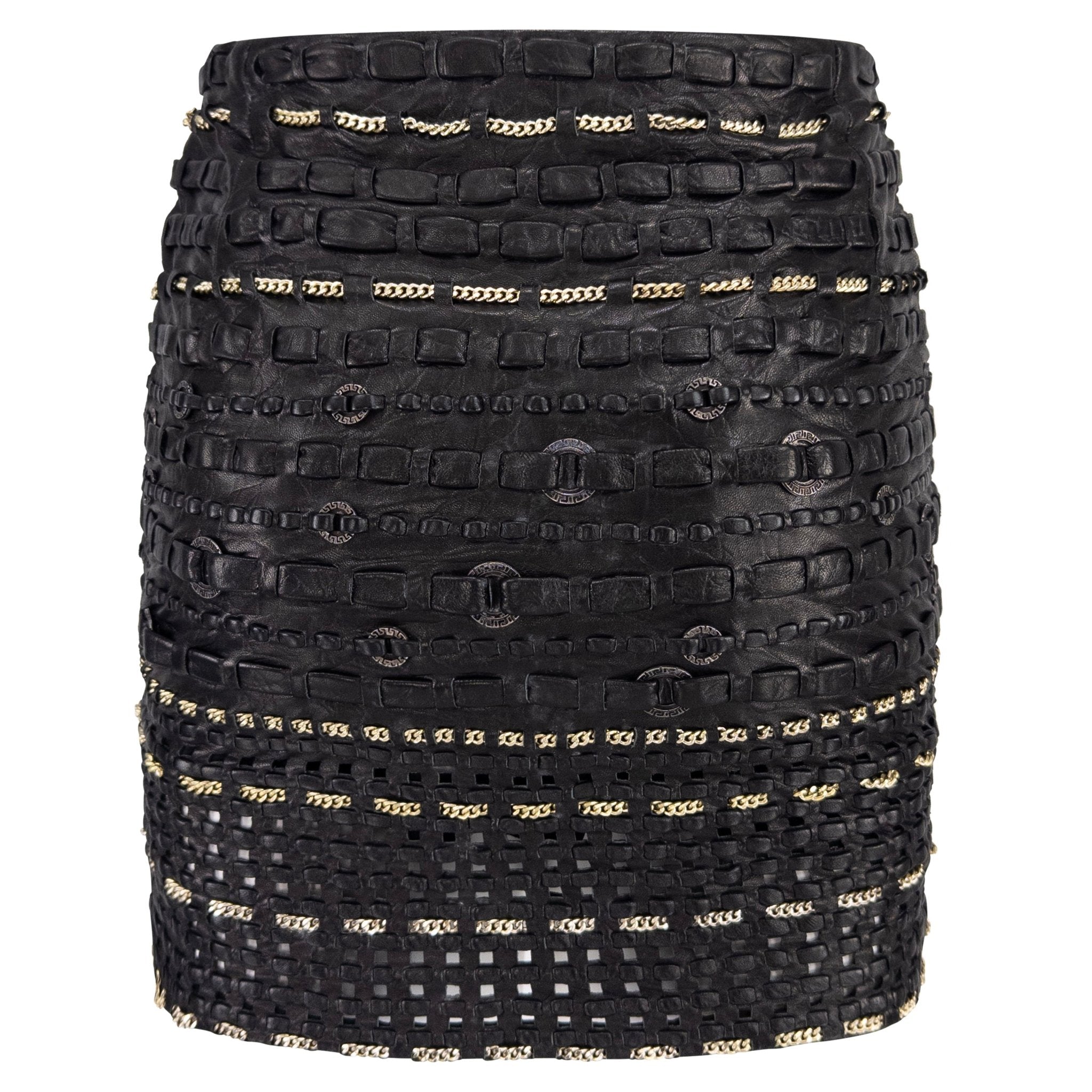 1990s Gianni Versace Black Braided Leather Chain Accent Mini Skirt - RealList