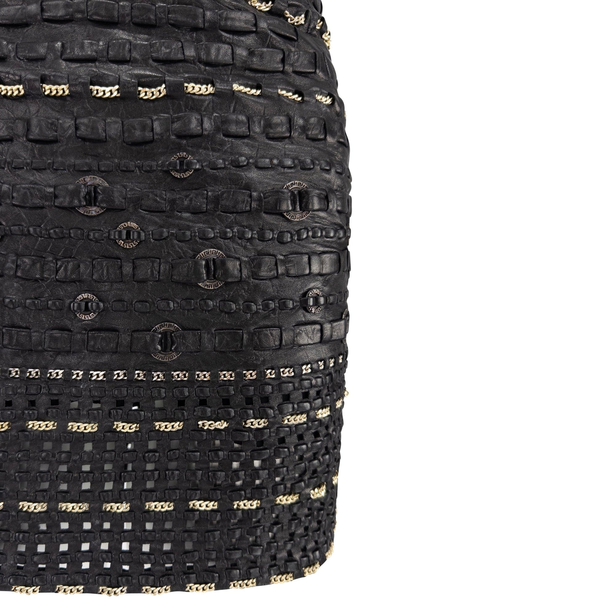 1990s Gianni Versace Black Braided Leather Chain Accent Mini Skirt - RealList