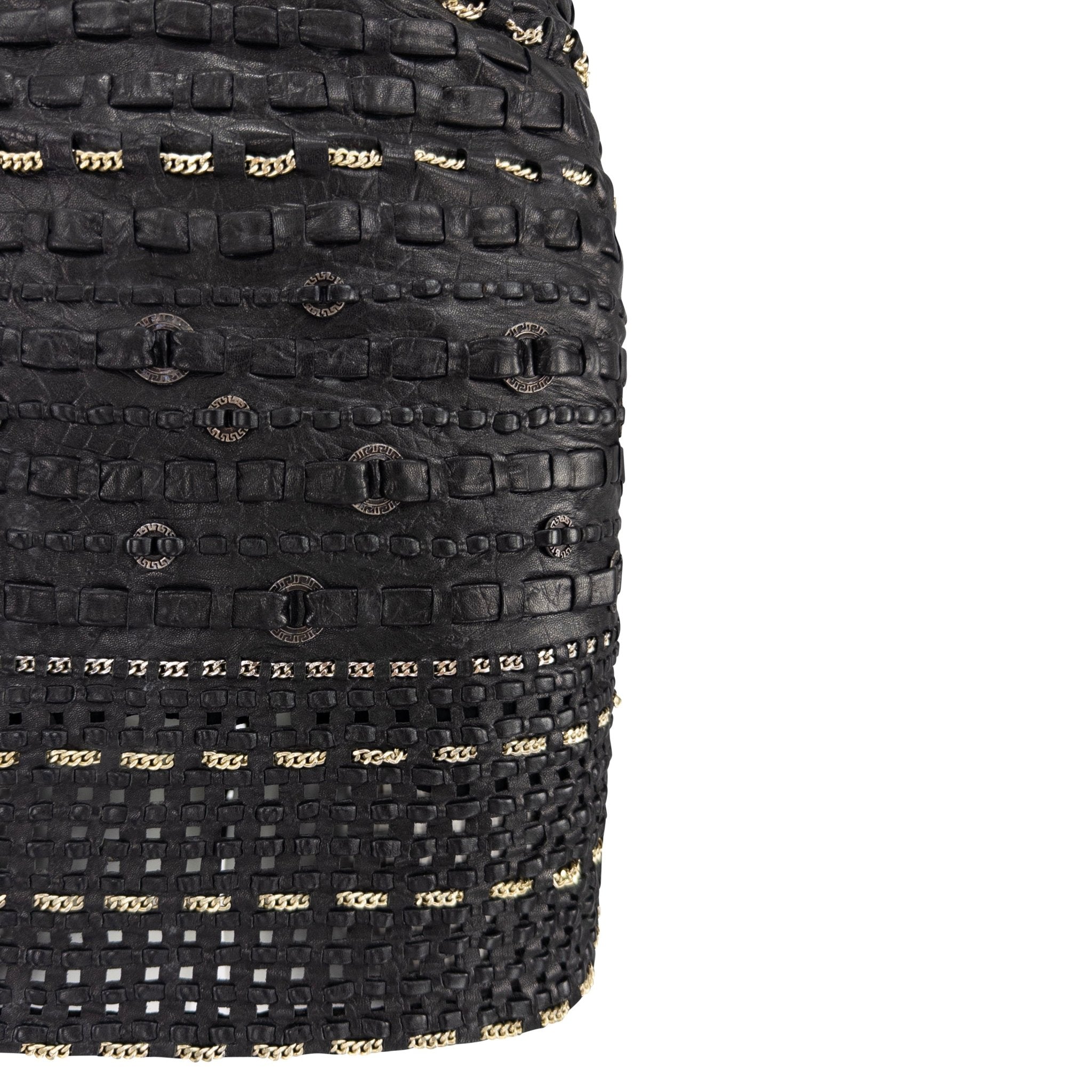 1990s Gianni Versace Black Braided Leather Chain Accent Mini Skirt - RealList