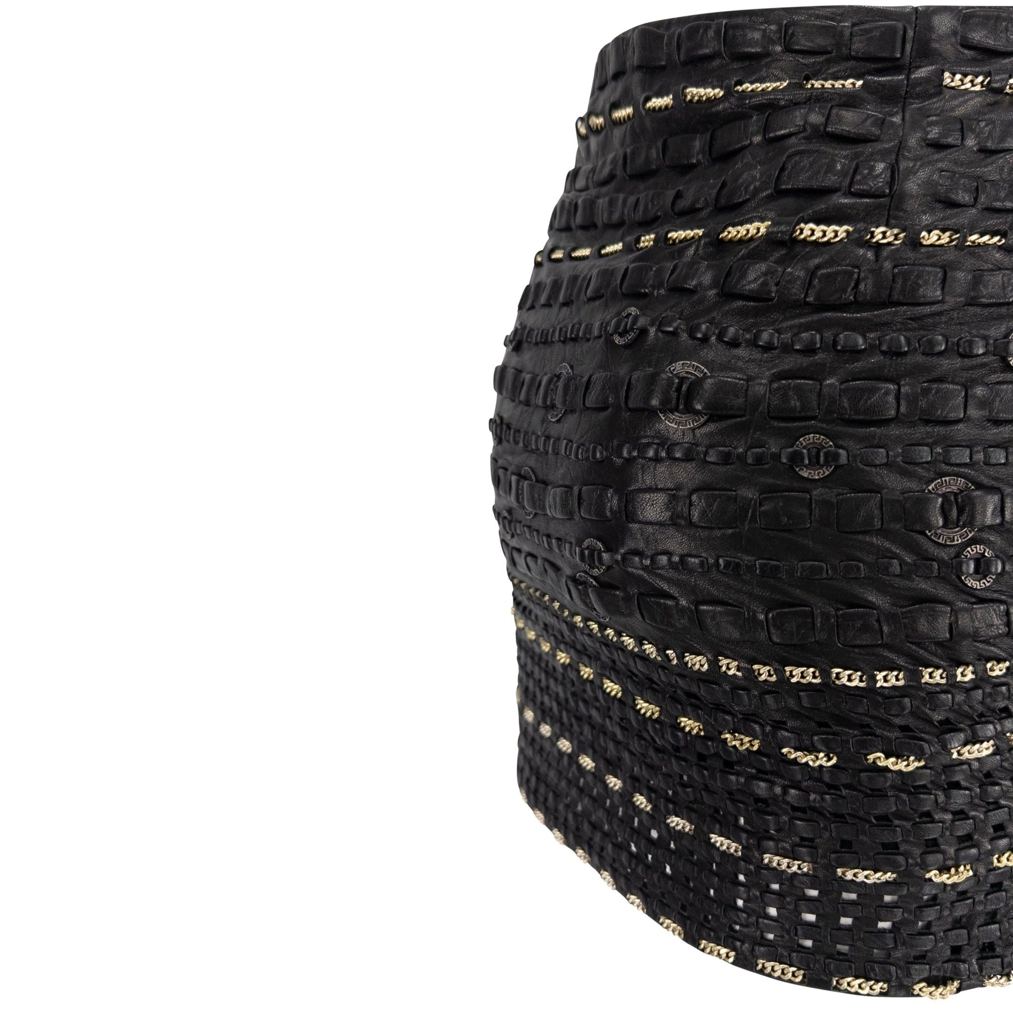 1990s Gianni Versace Black Braided Leather Chain Accent Mini Skirt - RealList