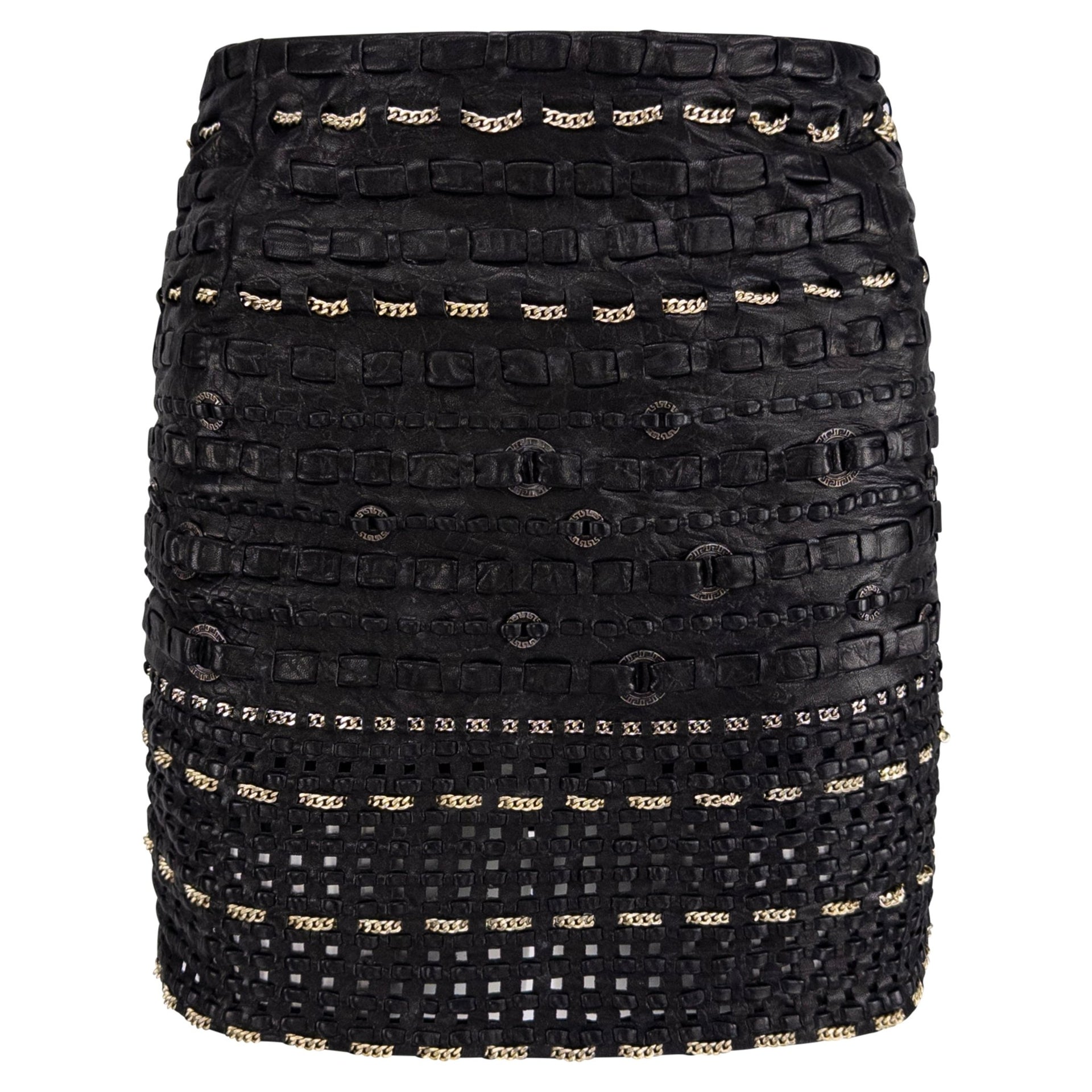 1990s Gianni Versace Black Braided Leather Chain Accent Mini Skirt - RealList