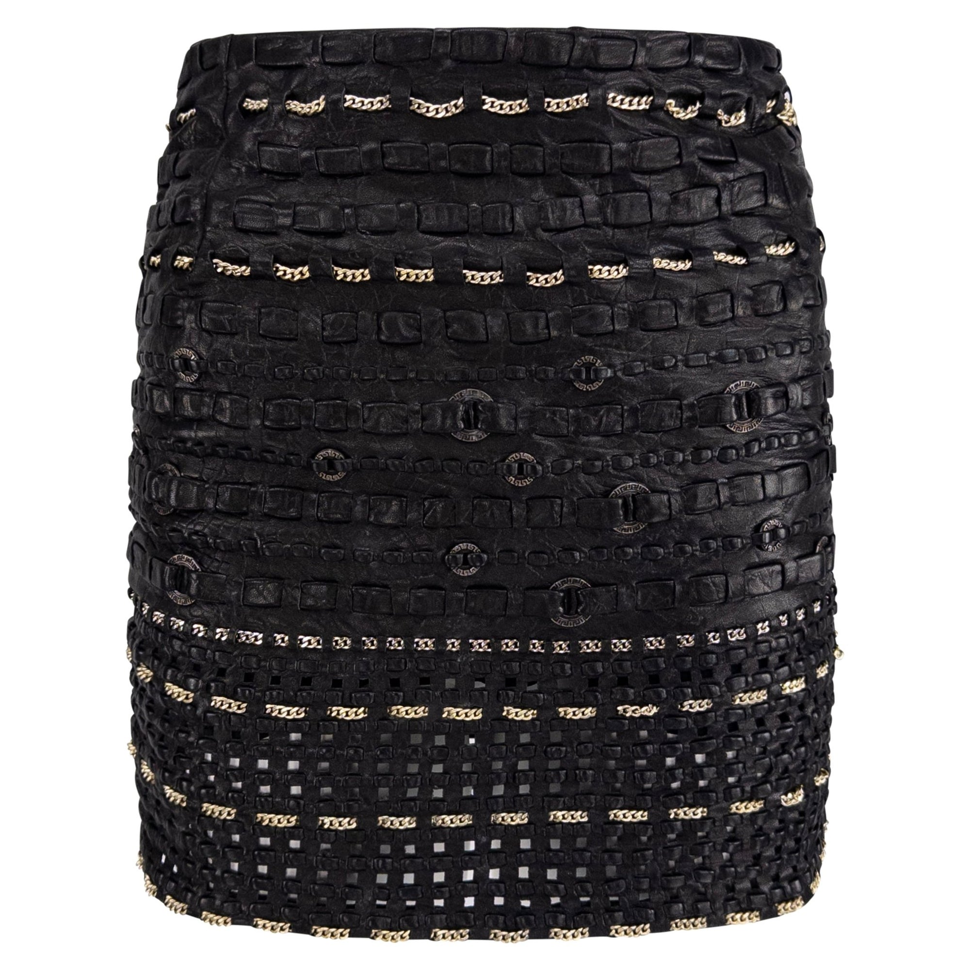 1990s Gianni Versace Black Braided Leather Chain Accent Mini Skirt - RealList