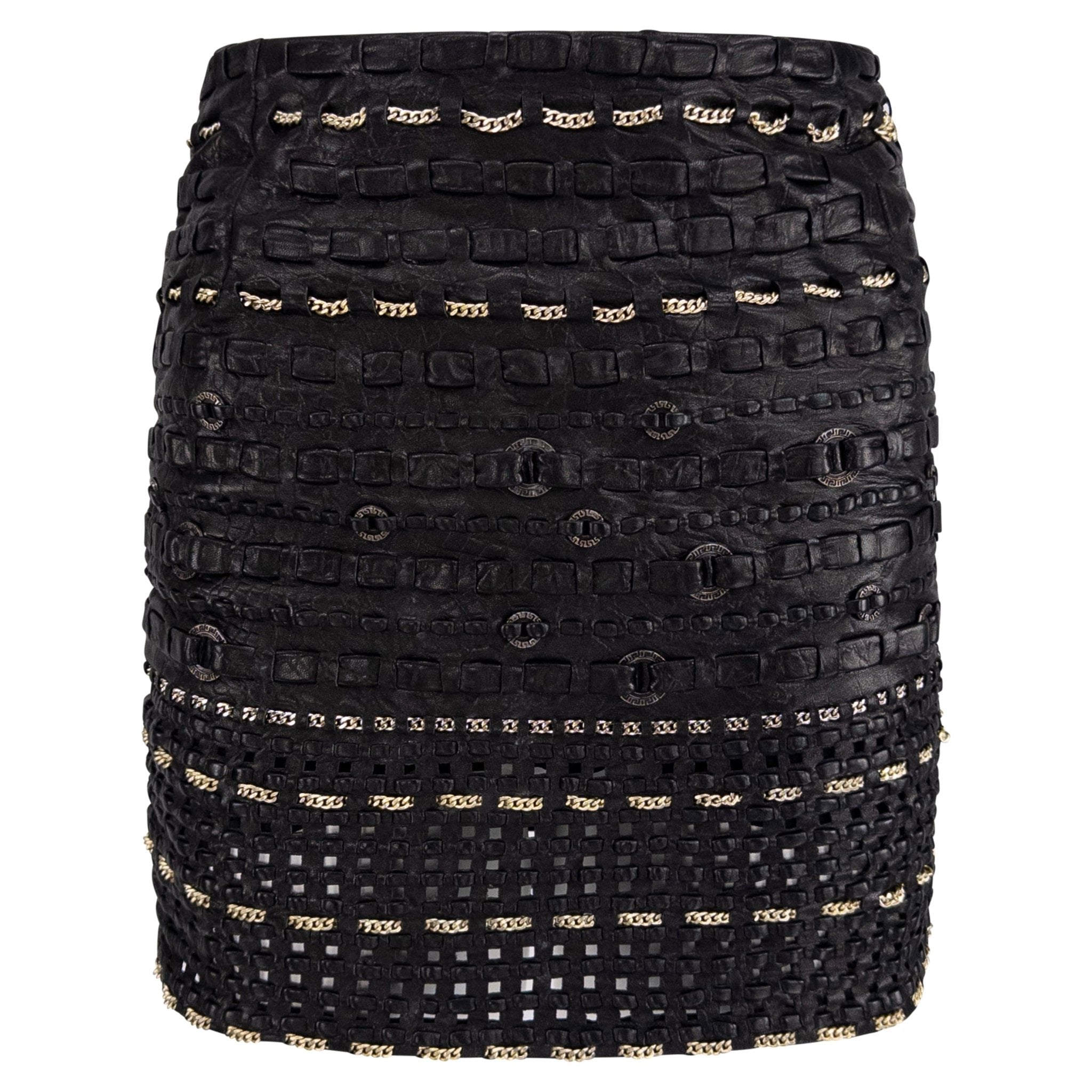 1990s Gianni Versace Black Braided Leather Chain Accent Mini Skirt - RealList