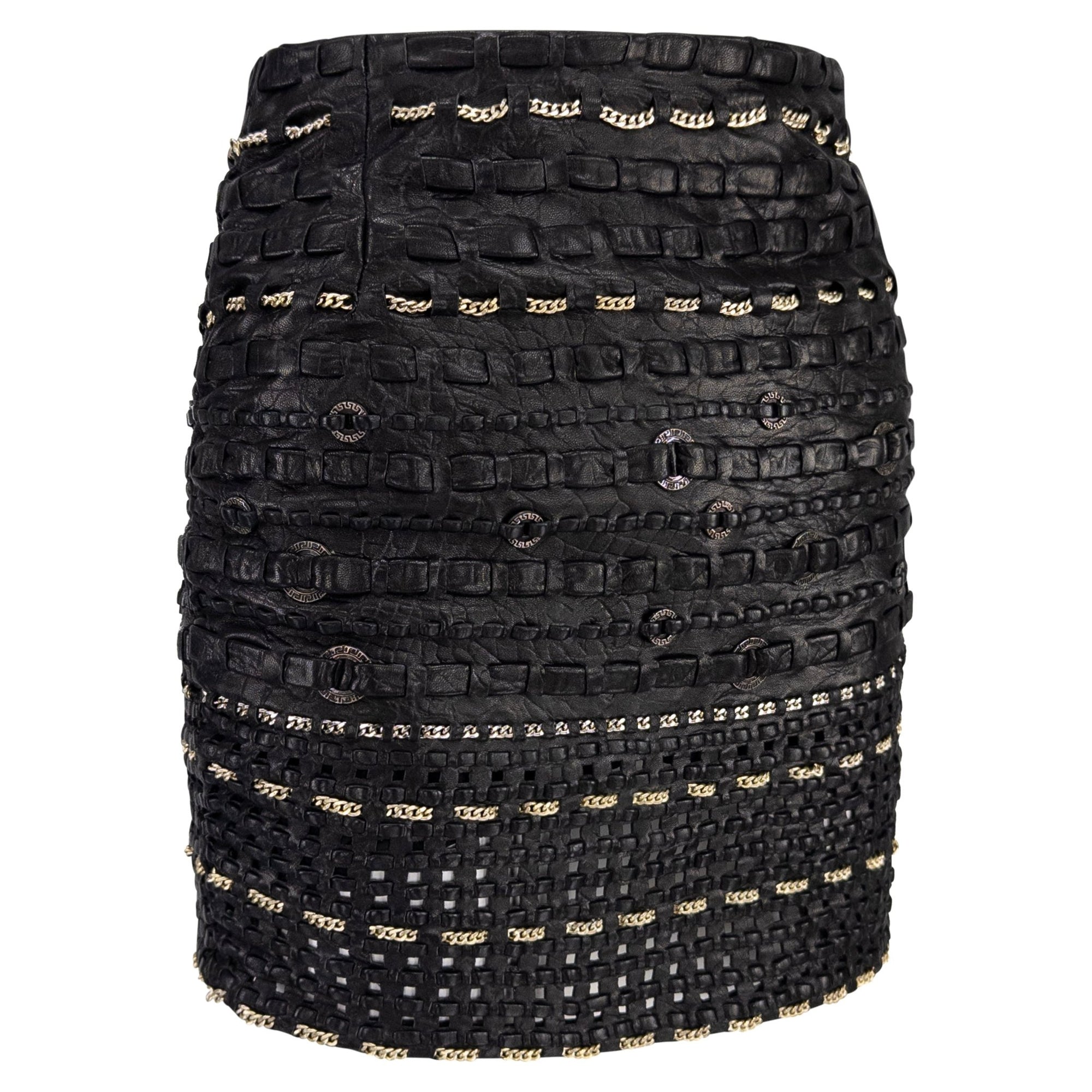 1990s Gianni Versace Black Braided Leather Chain Accent Mini Skirt - RealList
