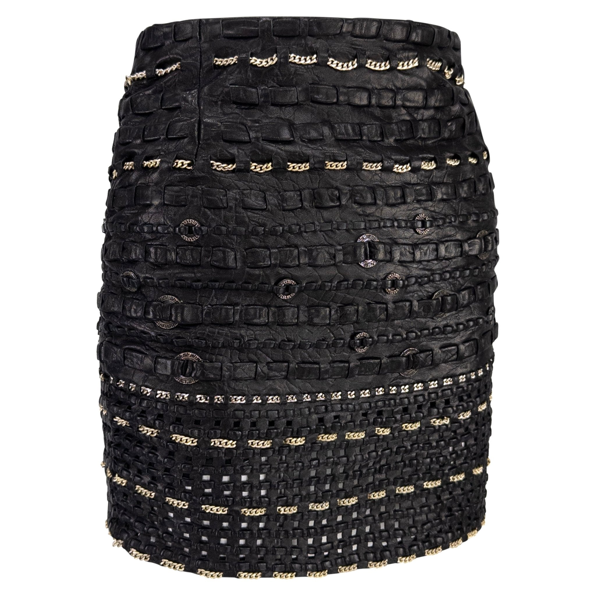 1990s Gianni Versace Black Braided Leather Chain Accent Mini Skirt - RealList
