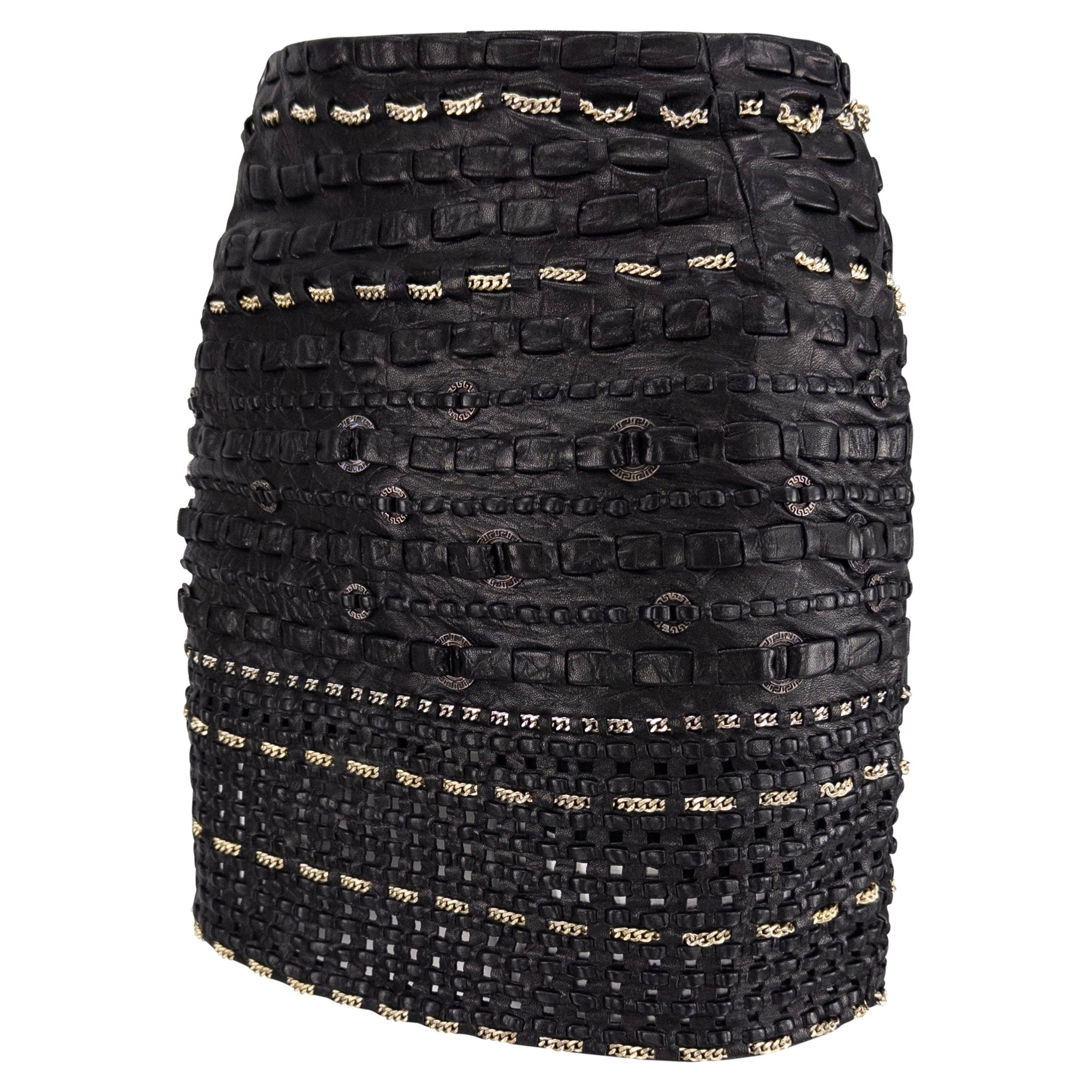 1990s Gianni Versace Black Braided Leather Chain Accent Mini Skirt - RealList