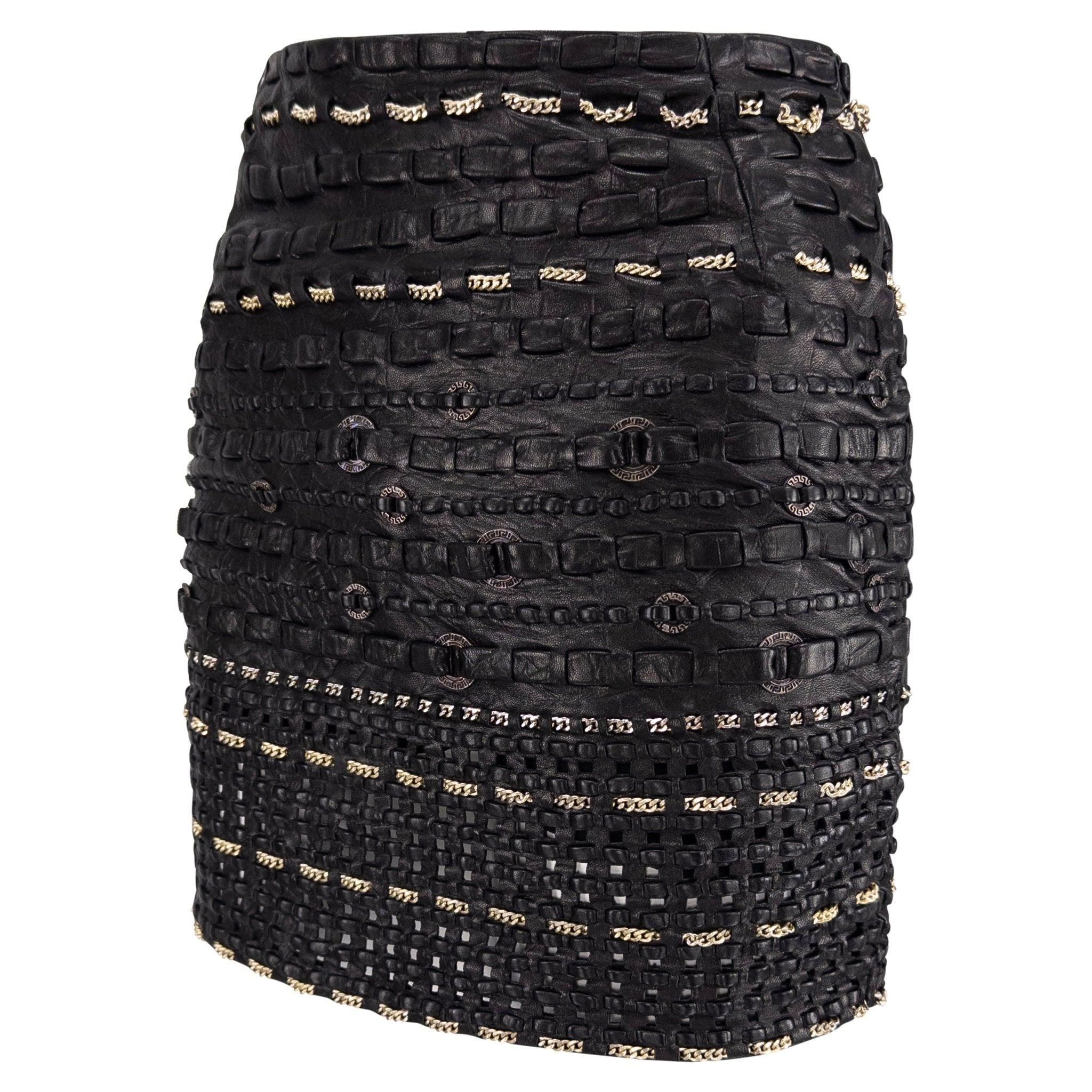 1990s Gianni Versace Black Braided Leather Chain Accent Mini Skirt - RealList