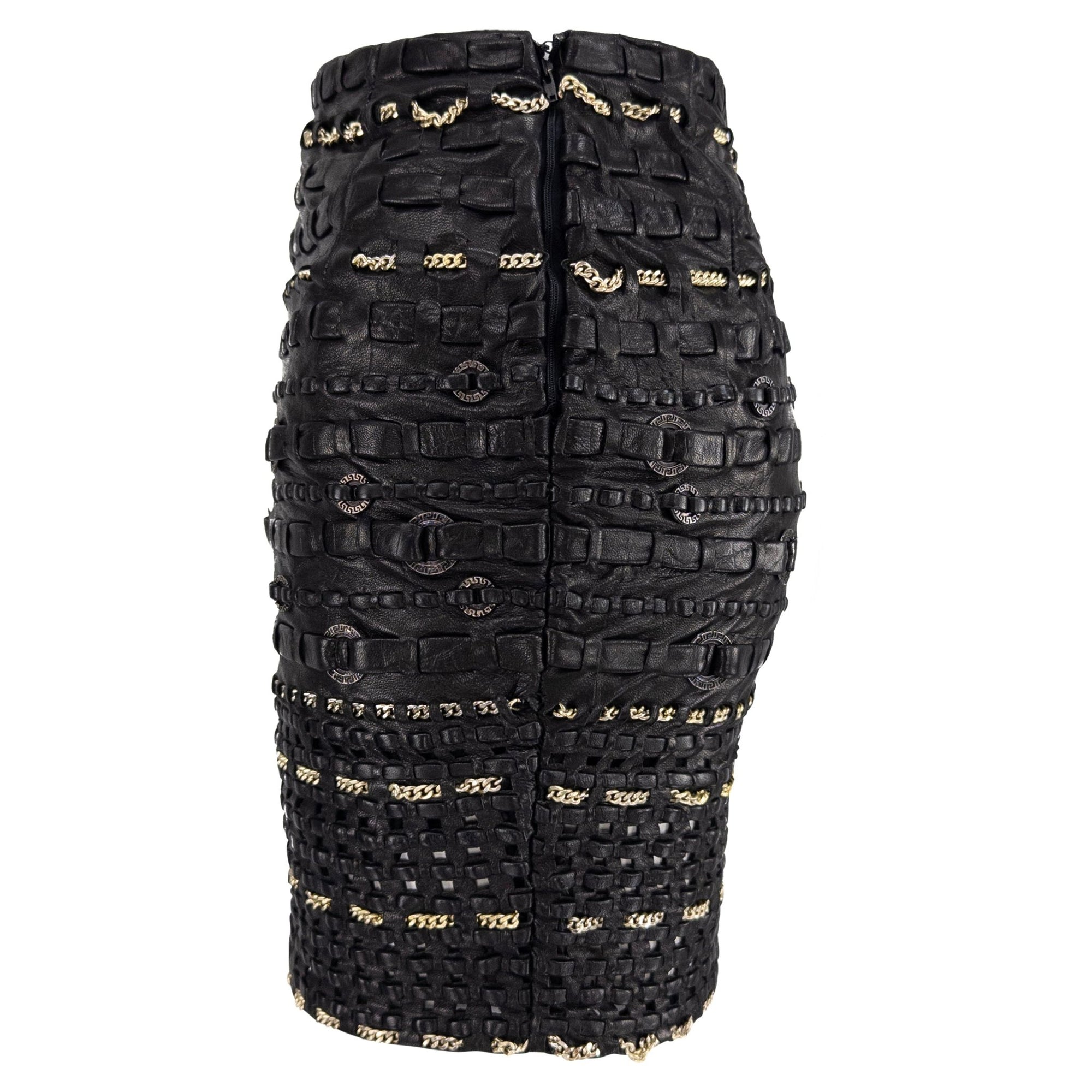 1990s Gianni Versace Black Braided Leather Chain Accent Mini Skirt - RealList