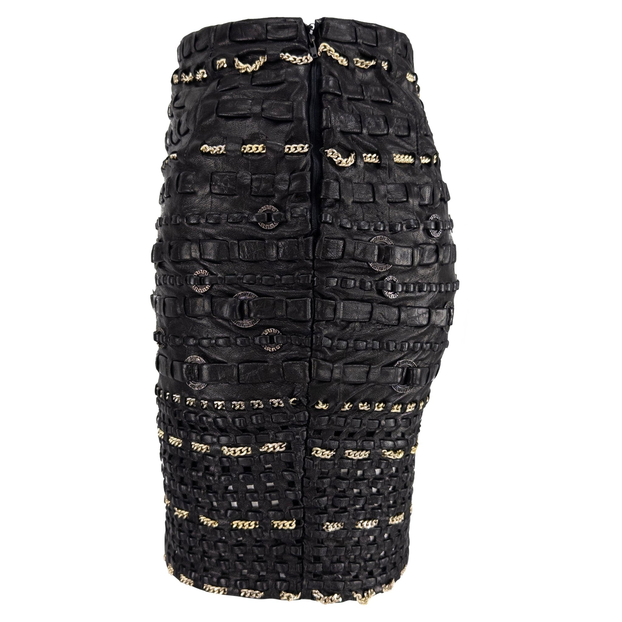 1990s Gianni Versace Black Braided Leather Chain Accent Mini Skirt - RealList