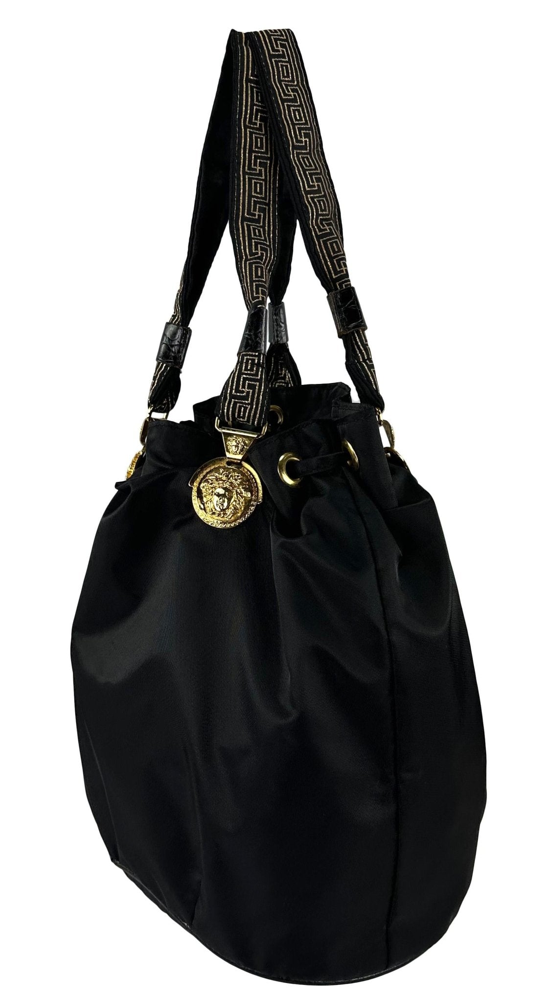 1990s Gianni Versace Black Nylon Medusa Embroidered Drawstring Tote - RealList